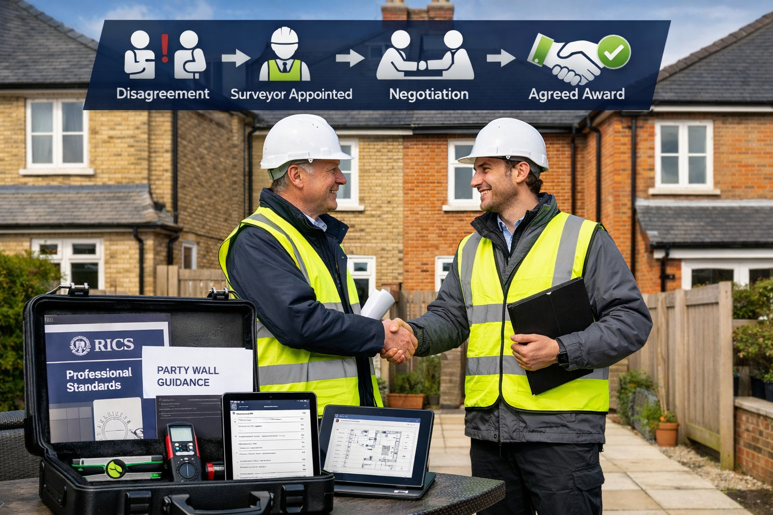 Detailed landscape format (1536x1024) professional scene showing two surveyors shaking hands in front of residential property with shared wa