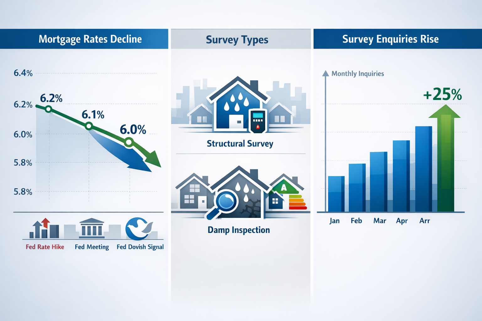 Landscape format (1536x1024) detailed infographic visualization showing the correlation between falling mortgage rates and increased buildin