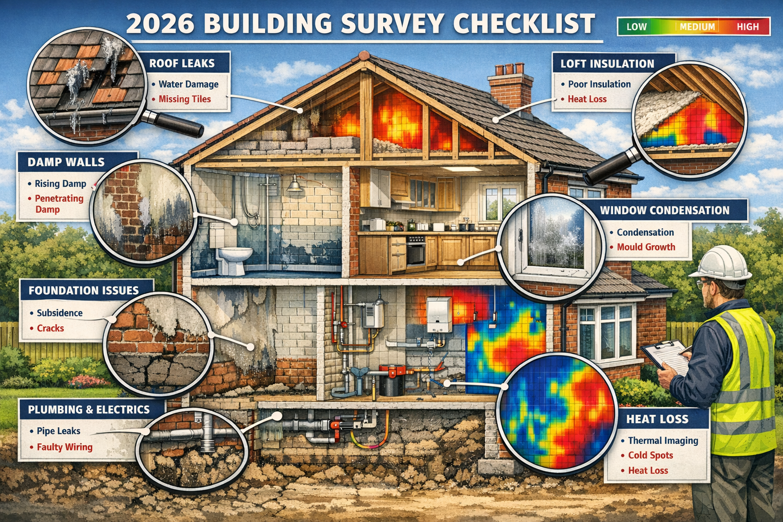 Landscape format (1536x1024) comprehensive visual checklist for 2026 building surveys showing cross-section cutaway view of a two-story Brit