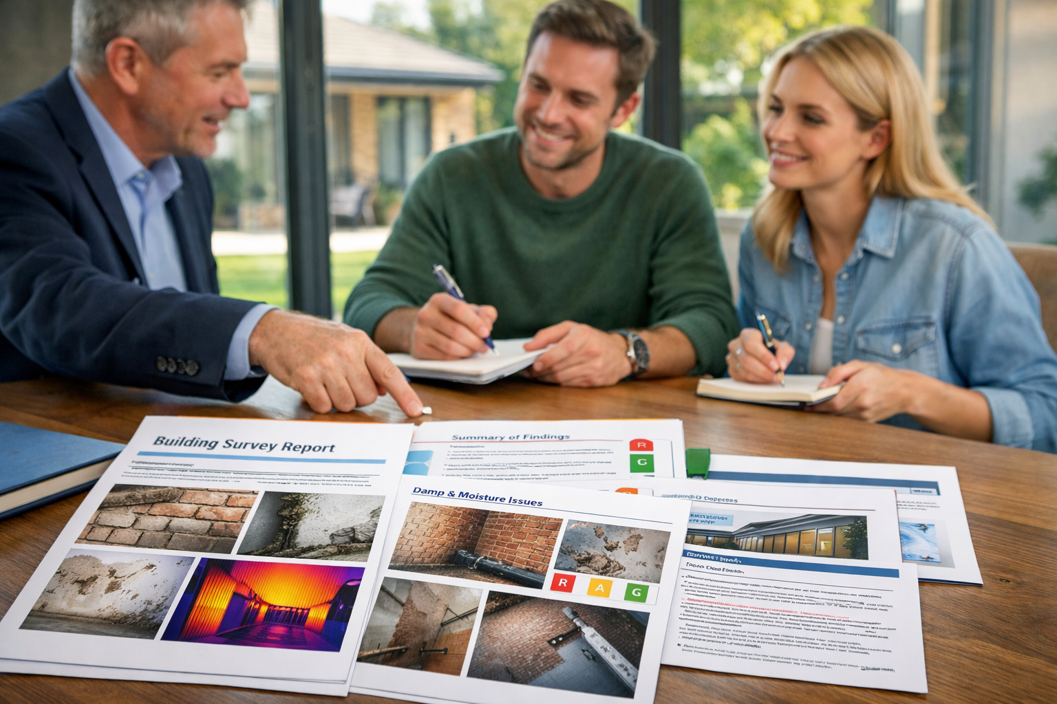 Landscape format (1536x1024) scene depicting confident home buyers reviewing comprehensive building survey report with chartered surveyor in