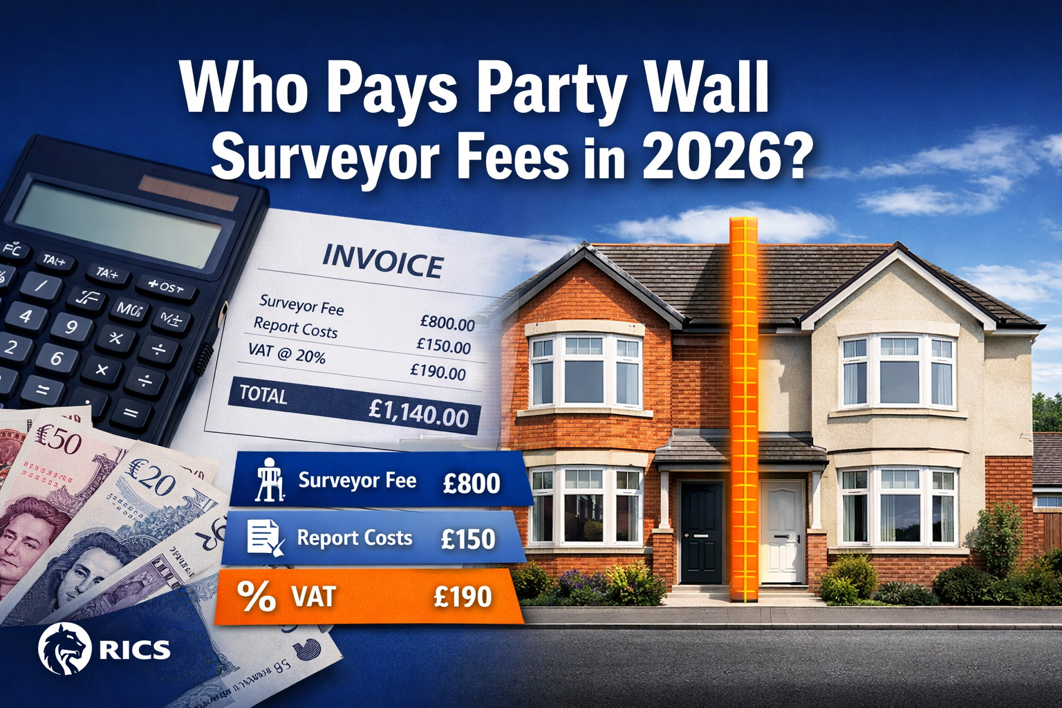Professional () hero image with 'Who Pays Party Wall Surveyor Fees in 2026?' in extra large white with dark effect, centered