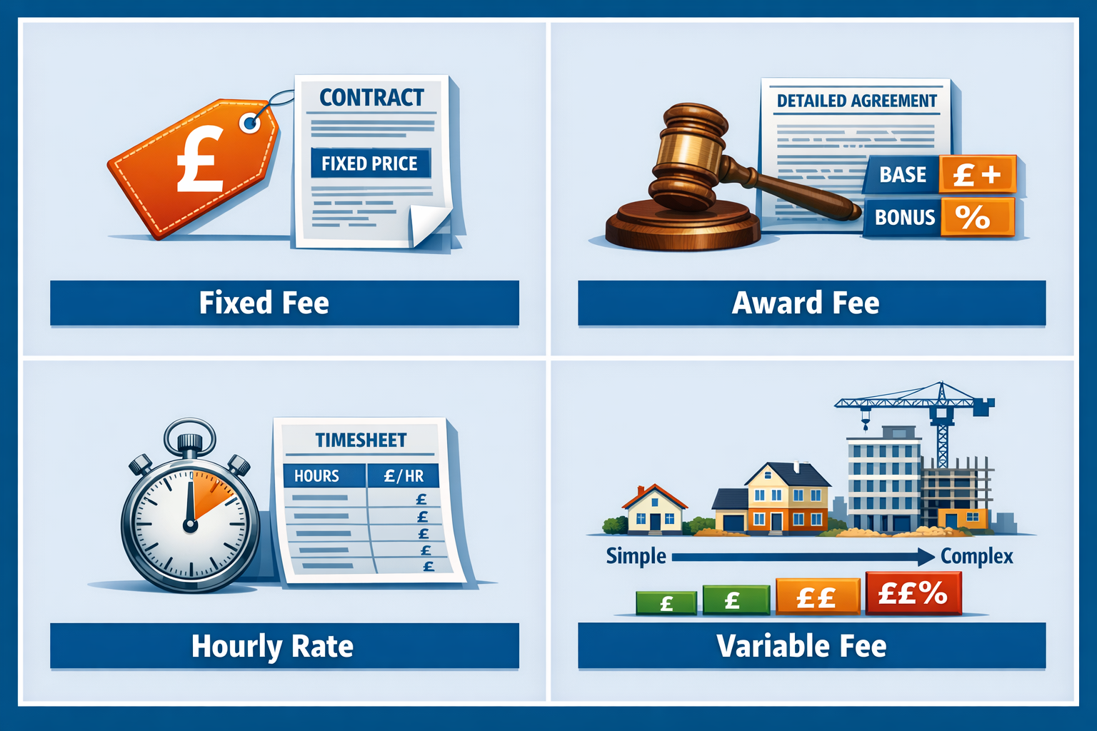 () detailed infographic showing four distinct fee structure types in quadrant layout: top-left shows fixed fee icon with