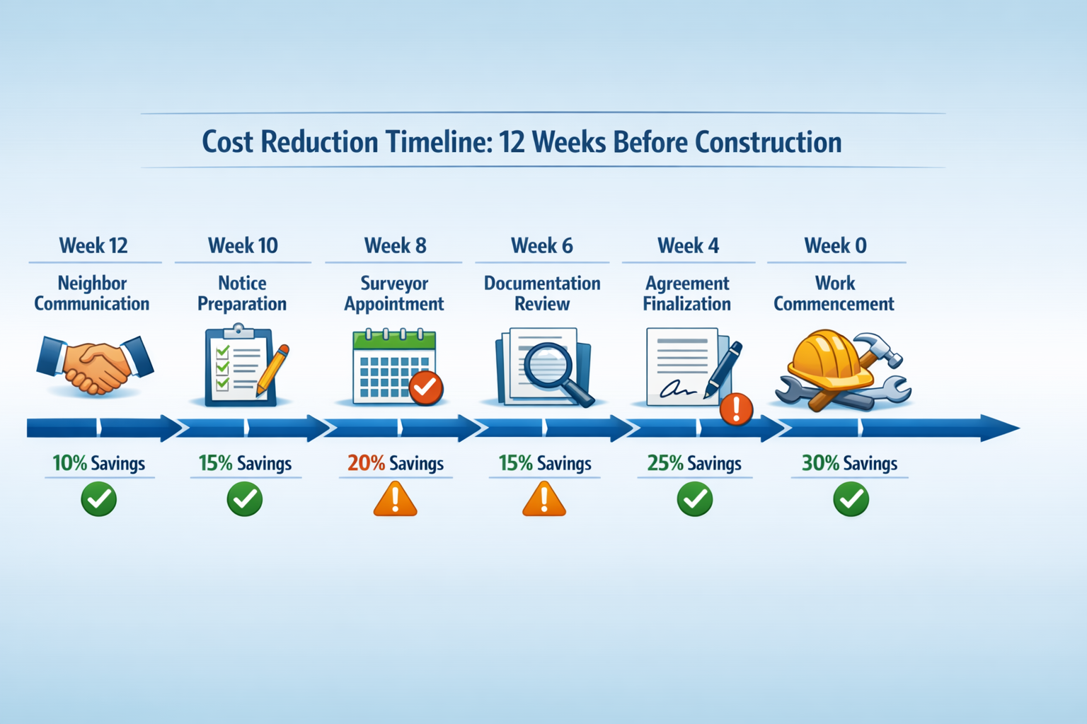 () strategic timeline illustration showing cost reduction tactics across 12-week period before construction start.