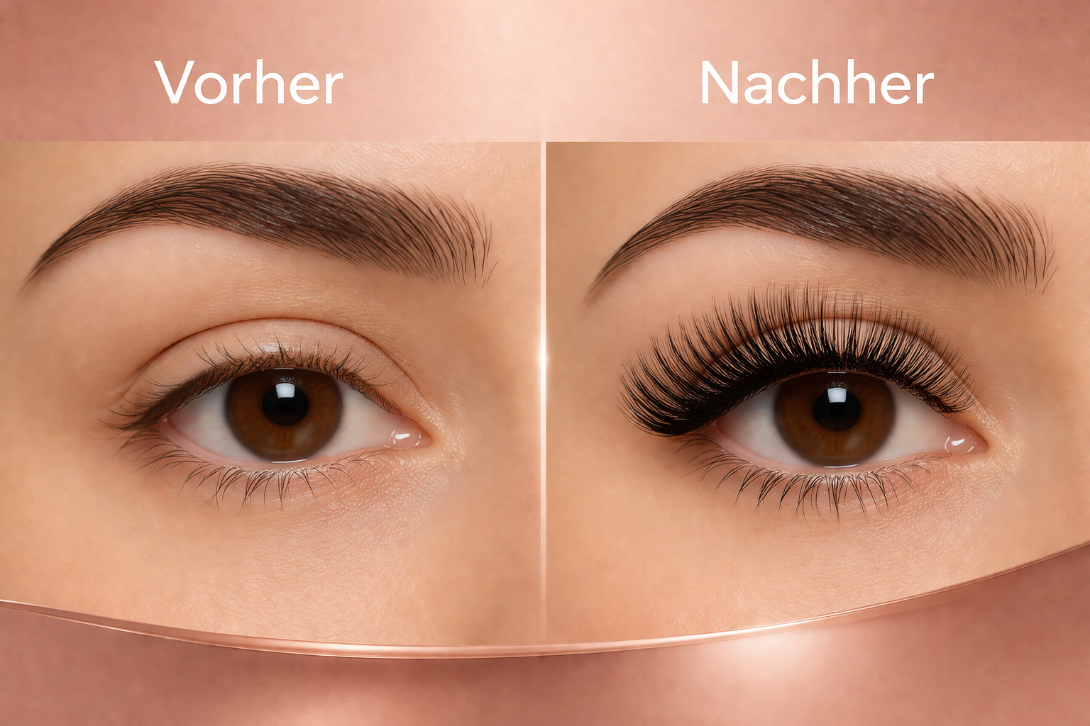 () split-composition image showing side-by-side comparison of natural lashes versus voluminous lash extensions on a woman's