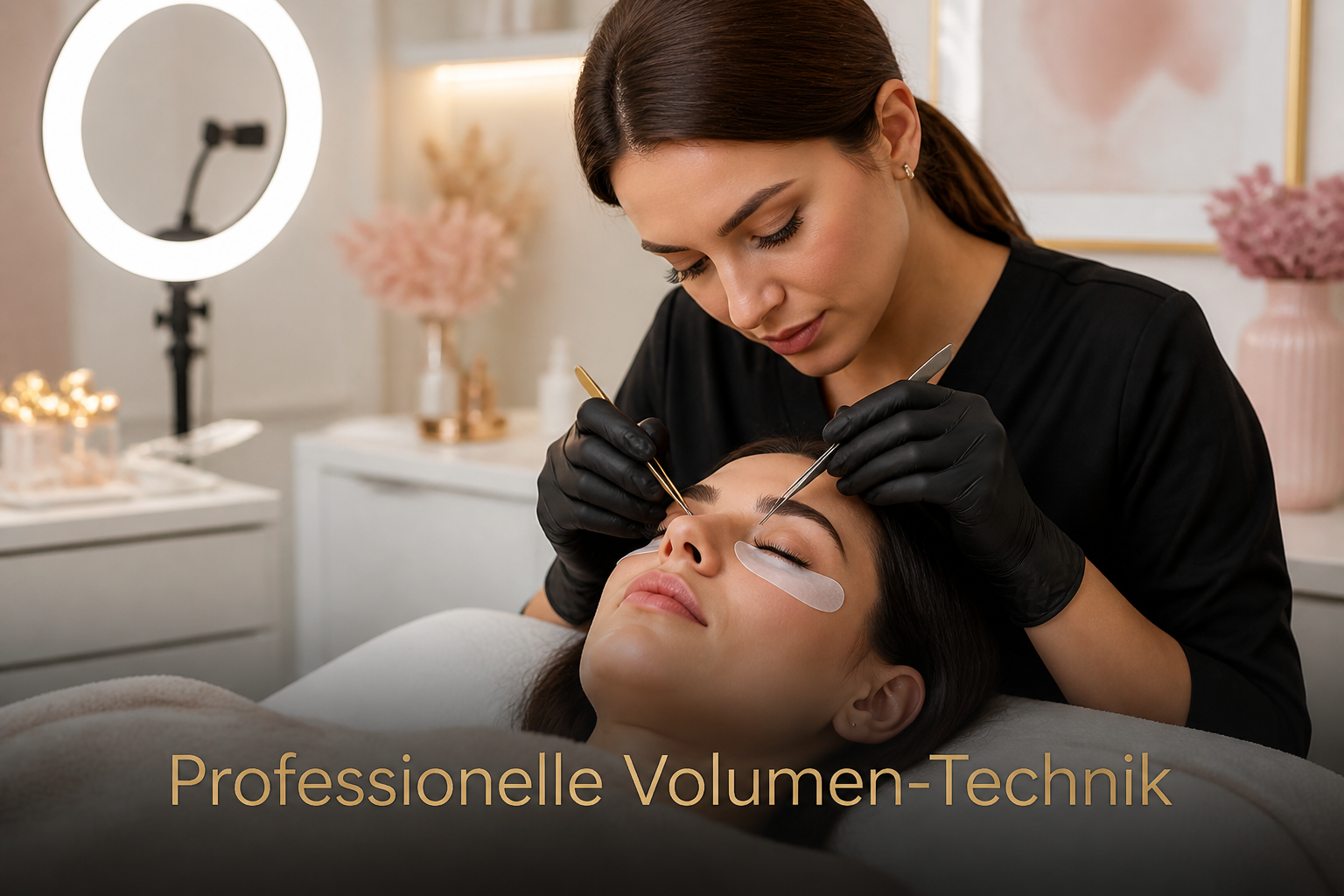 () image showing a professional lash artist at work in a modern beauty studio, applying volume lash extensions with