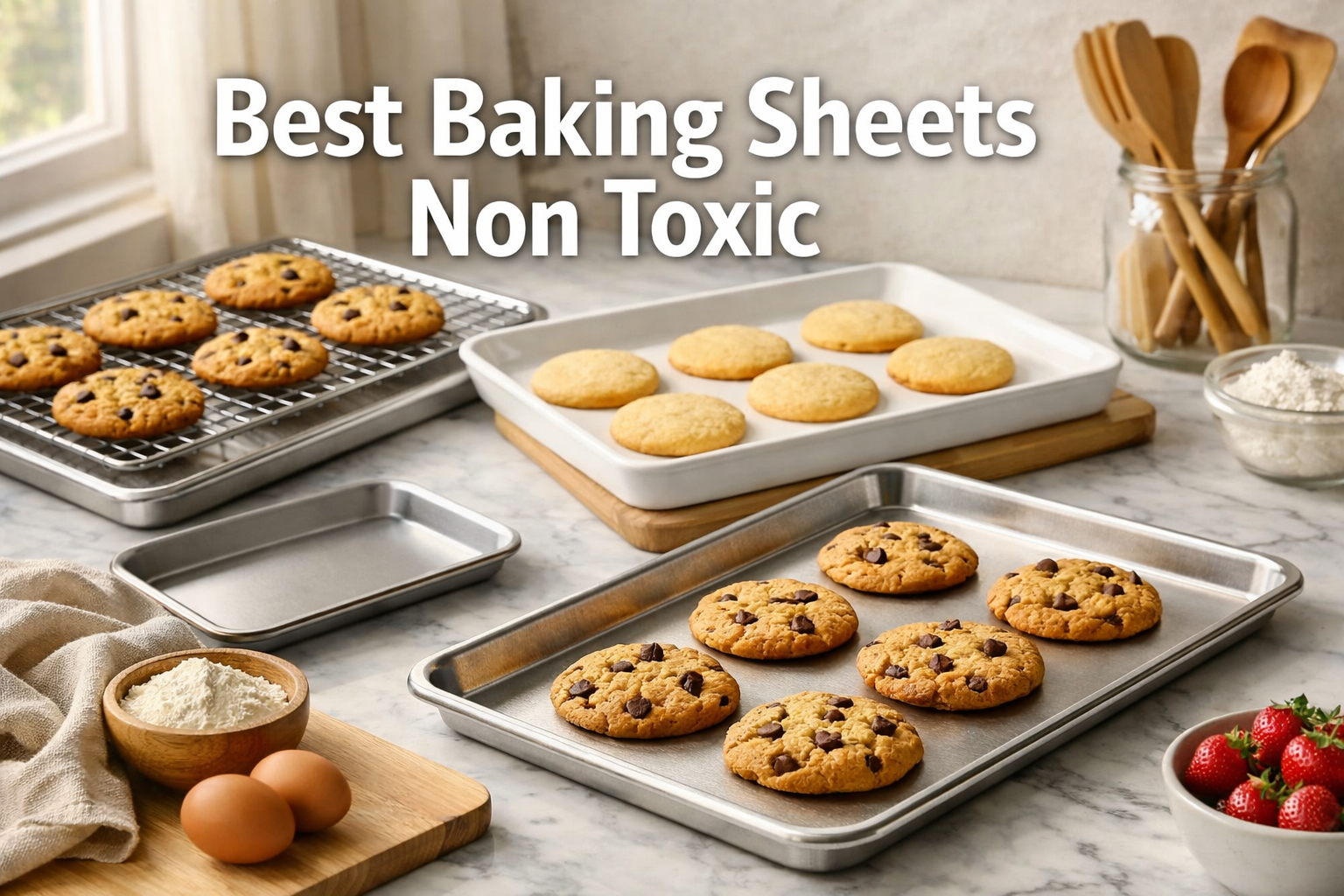 Professional landscape hero image (1536x1024) featuring bold text overlay 'Best Baking Sheets Non Toxic' in extra large 72pt white sans-seri