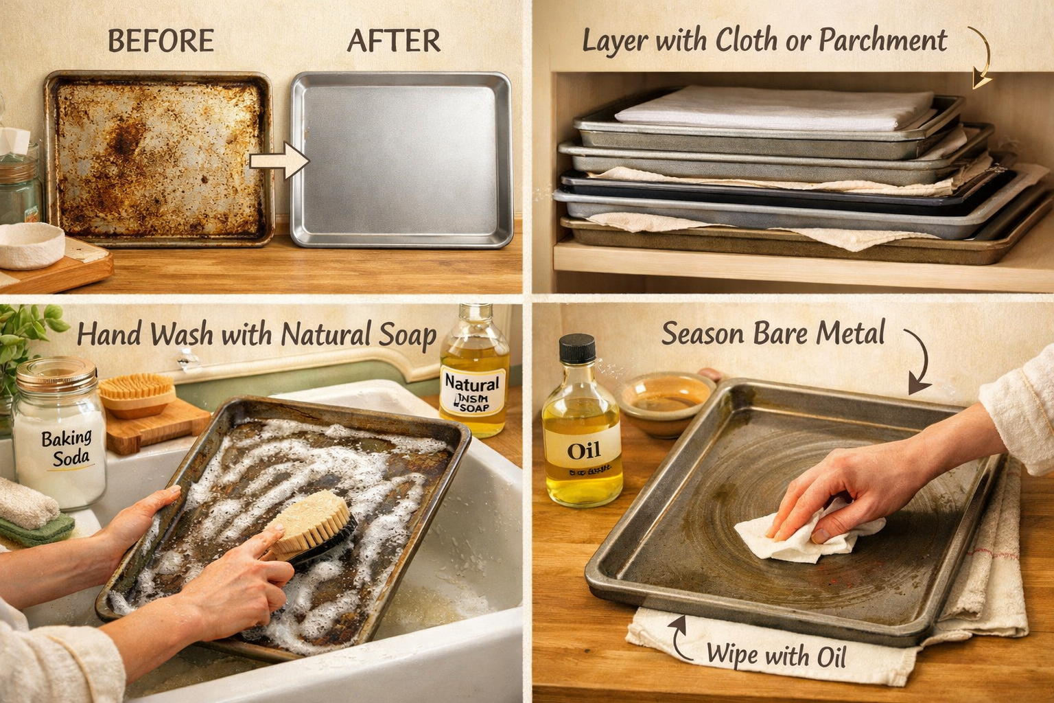 Landscape editorial image (1536x1024) depicting proper care and maintenance of non-toxic baking sheets. Split-screen composition showing bef