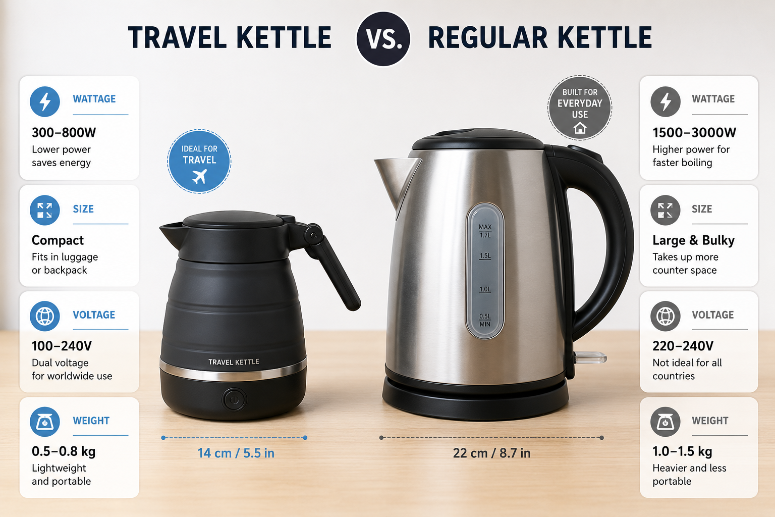 Best Electric Kettle For Travel Detailed landscape format (1536x1024) comparison chart illustrating the differences between a travel kettle and a regular kettle. The image shows a small, lightweight portable kettle next to a large, bulky standard kitchen kettle. Callout boxes compare wattage, size, voltage, and weight. Clean, minimal background with soft lighting, emphasizing the size disparity and portability of the travel model. Best compact electric kettle for backpacking and dorms