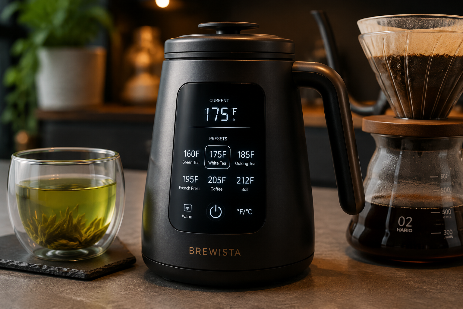 Best Electric Kettle For Travel Detailed landscape format (1536x1024) close-up shot of a travel electric kettle featuring a digital LED touch panel for temperature control. The screen displays precise temperature presets like 175F and 212F. Next to the kettle are a glass cup of green tea and a pour-over coffee setup. Warm, inviting lighting with a modern, high-end aesthetic, focusing on the interface and beverage brewing. Why does my travel kettle keep shutting off?