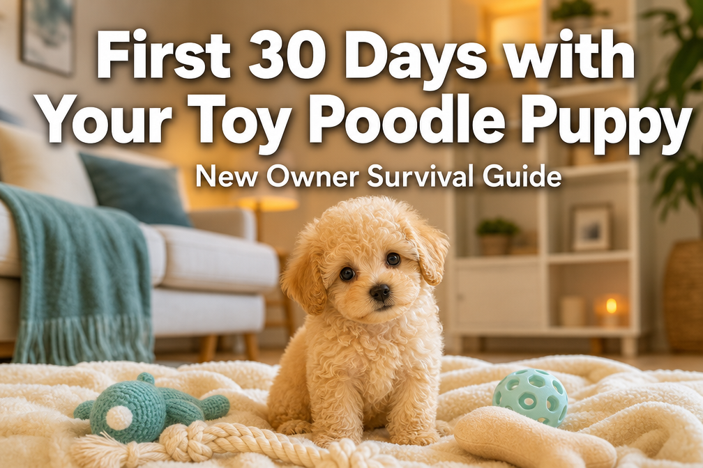 Professional () hero image featuring 'First 30 Days with Your Toy Poodle Puppy' in extra large white with dark , centered in