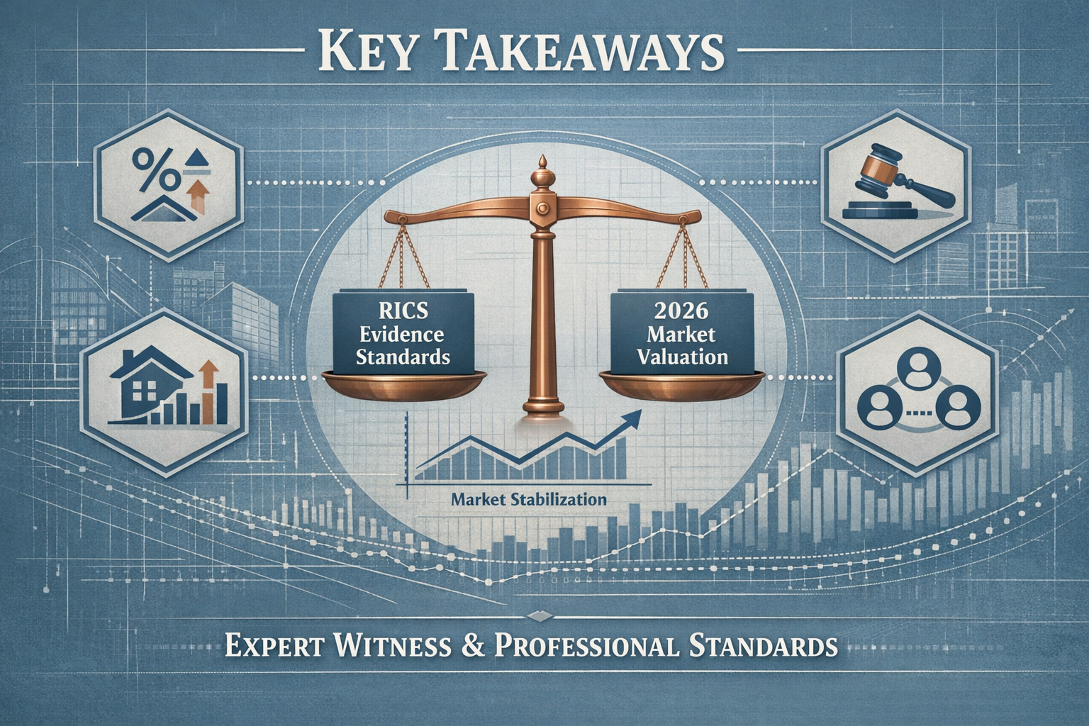 Key Takeaways section infographic with a professional, legal gavel, property valuation chart, soft gray, and copper accents.