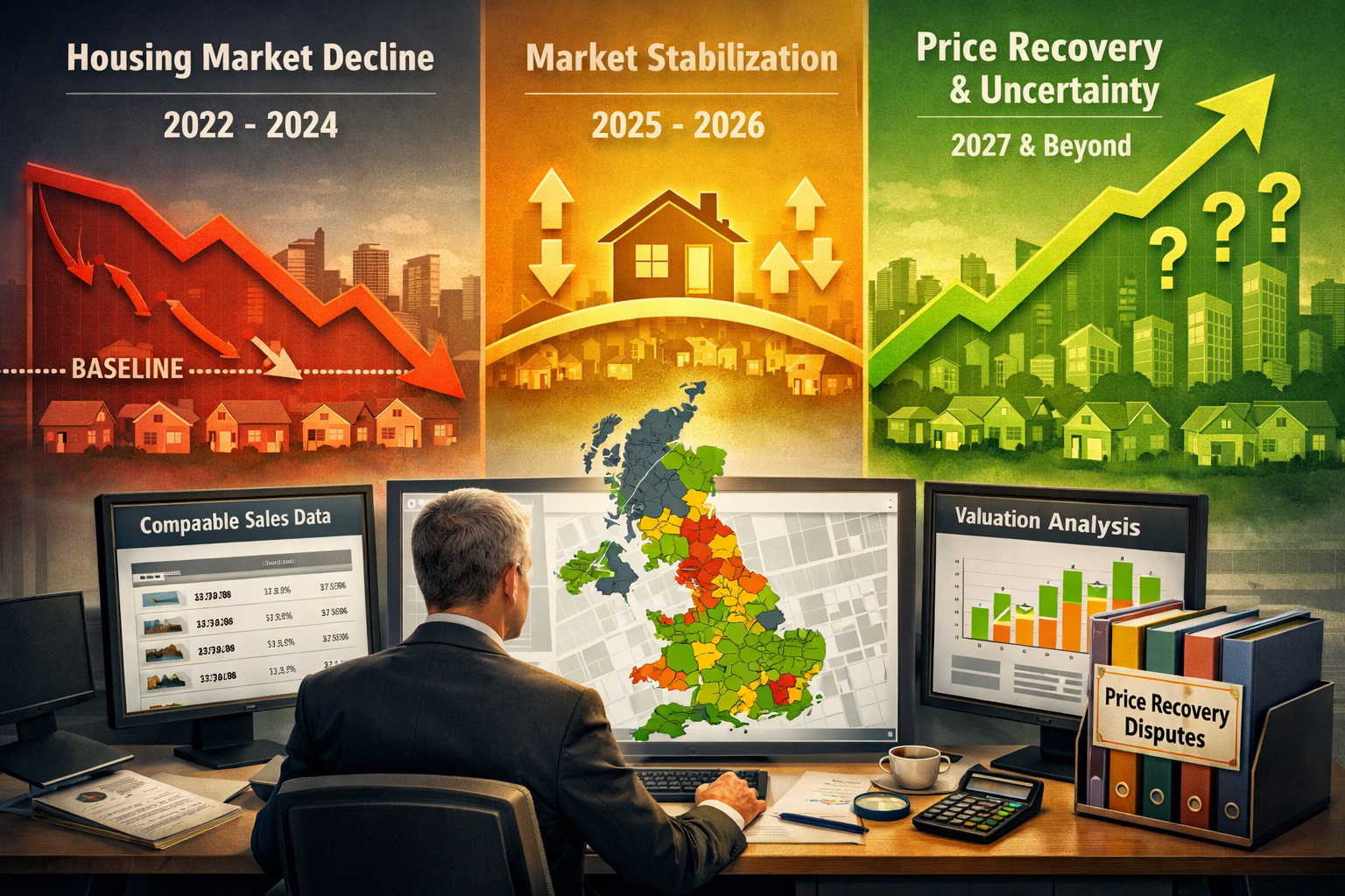 Comprehensive () visualization of stabilizing property market challenges for expert witnesses, featuring split-screen