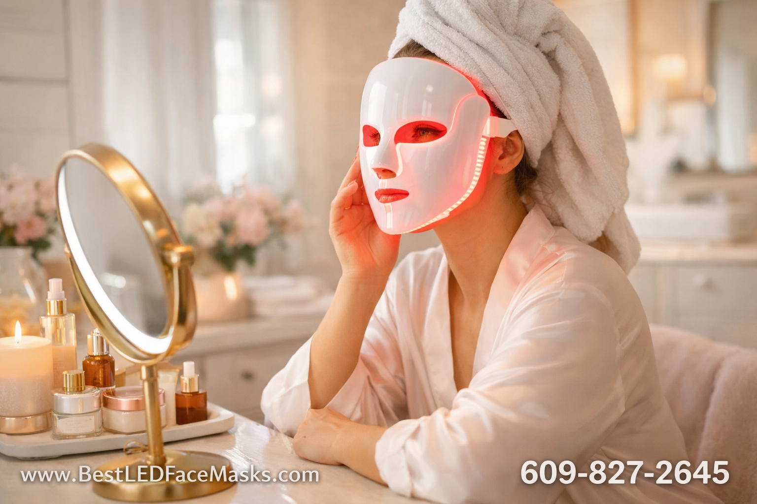 () showing a woman in a bright, seated at a vanity mirror with skincare products arranged neatly beside her. The mask emits