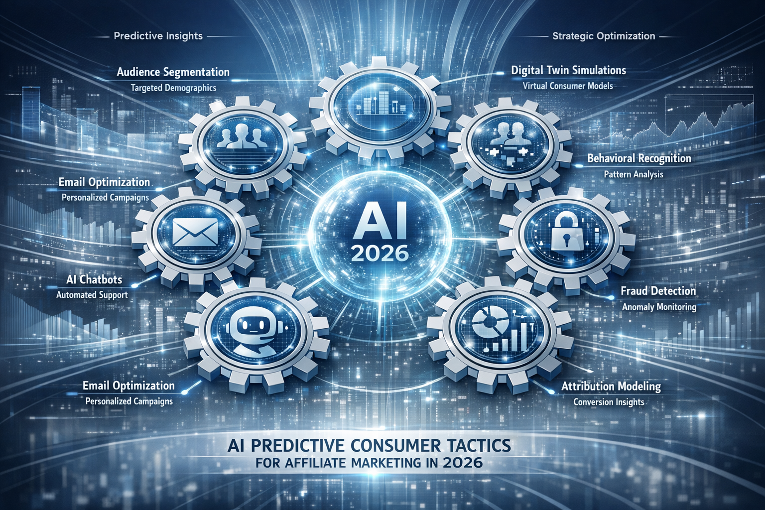 A futuristic infographic landscape showcasing 8 interconnected AI-powered gears representing predictive consumer behavior