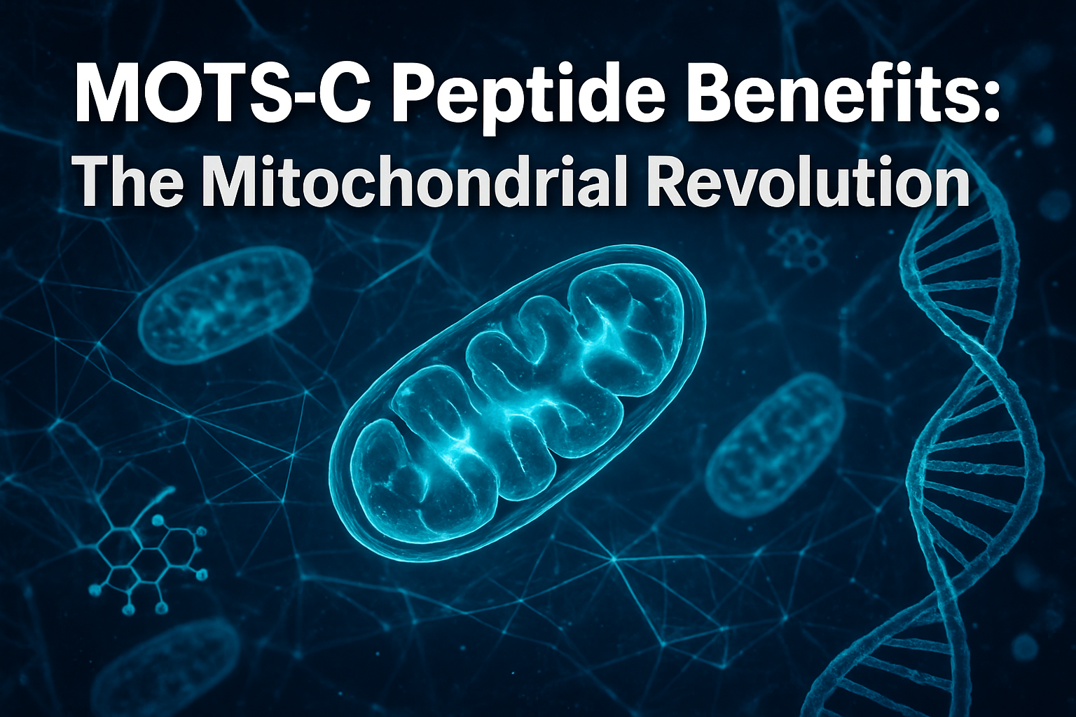 Professional landscape hero image (1536x1024) featuring bold text overlay 'MOTS-C Peptide Benefits: The Mitochondrial Revolution' in extra l