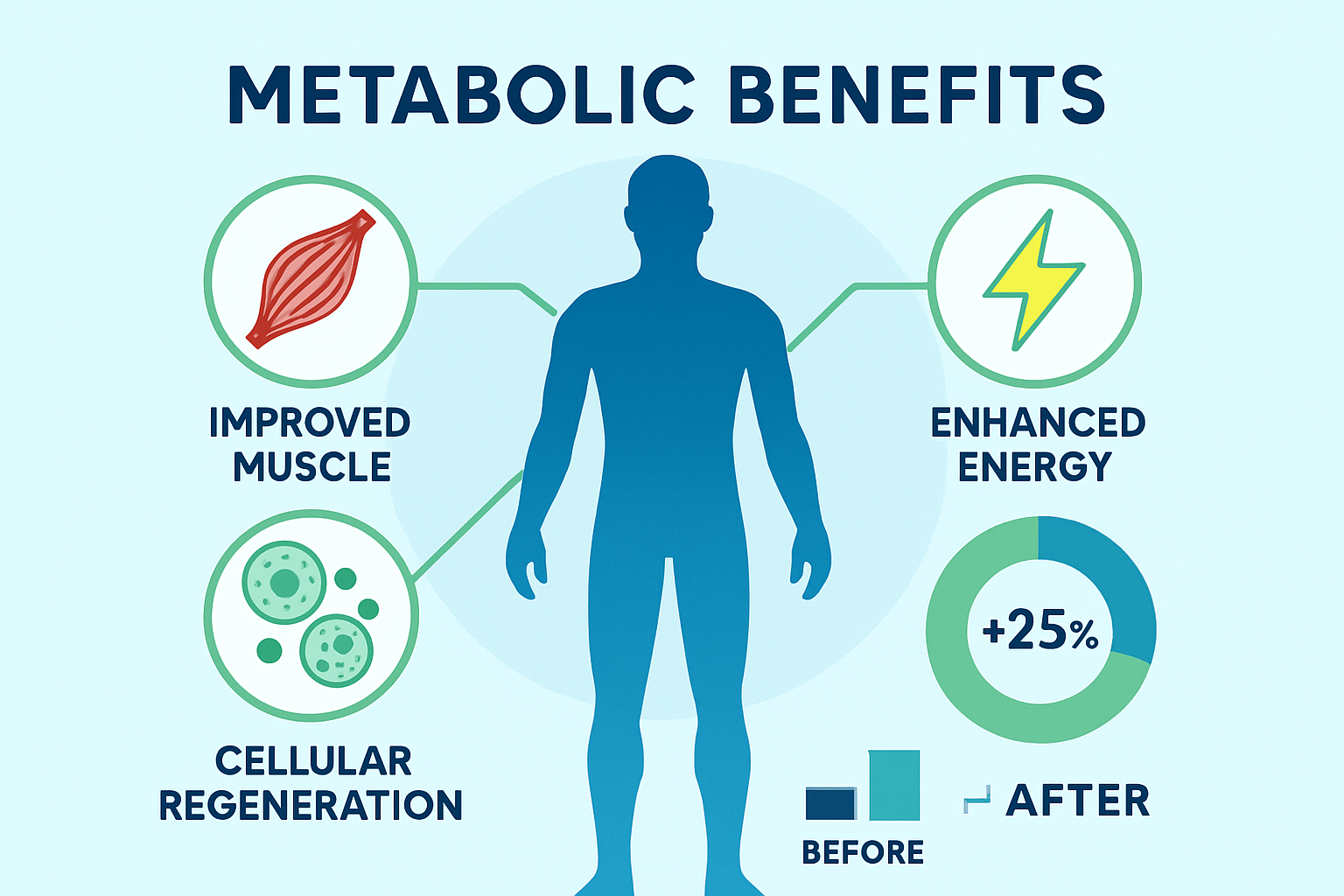 Infographic displaying metabolic benefits with human silhouette showing improved muscle tissue, enhanced energy levels, cellular regeneratio
