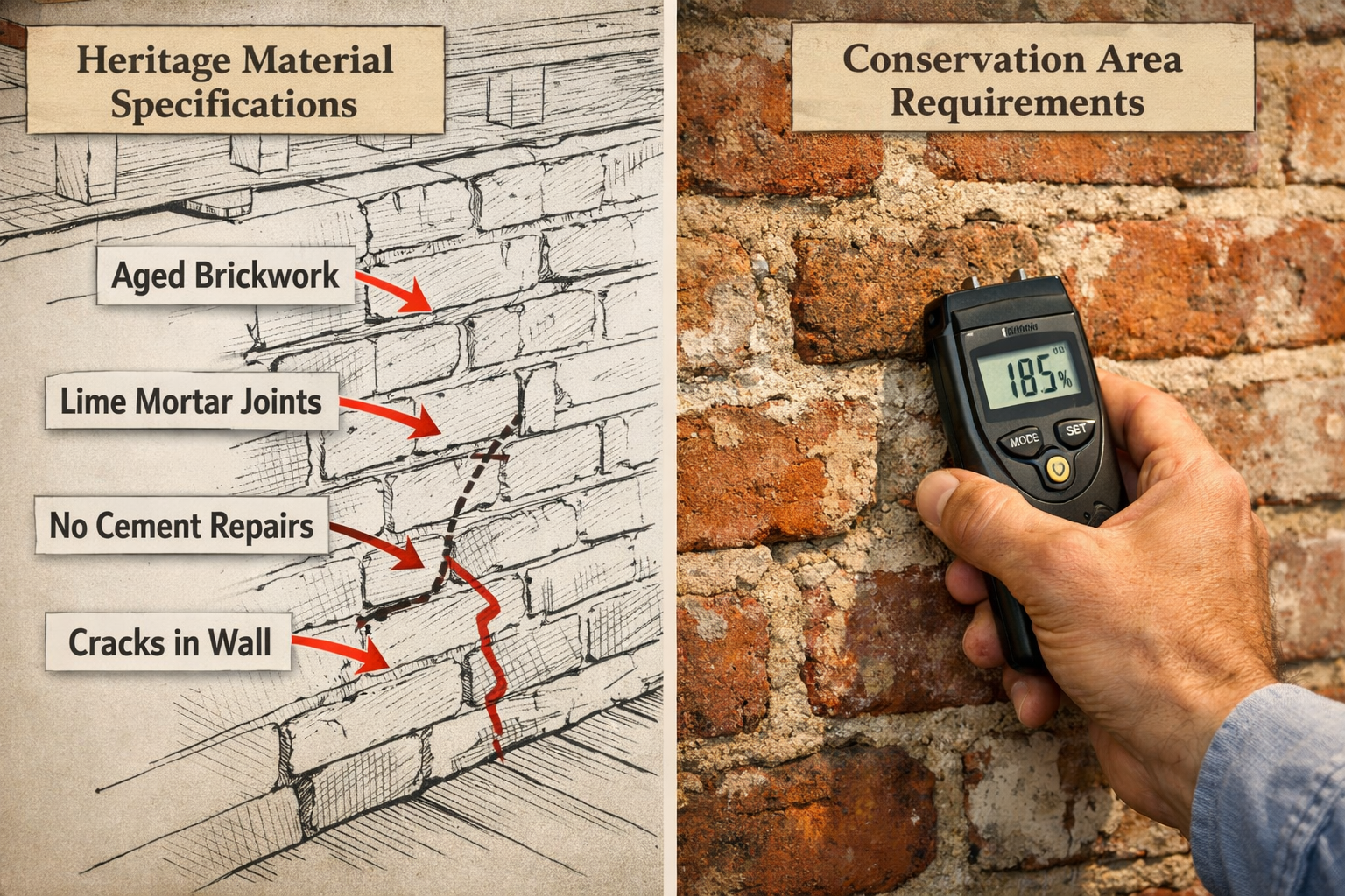 Detailed () image showing close-up of heritage brick party wall with visible age characteristics, historic lime mortar
