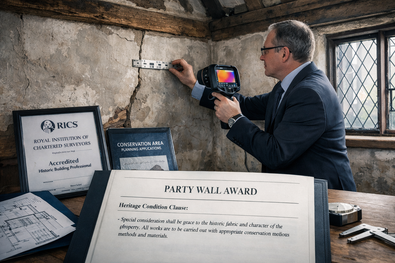 Professional () image depicting qualified conservation surveyor in formal attire conducting detailed inspection inside