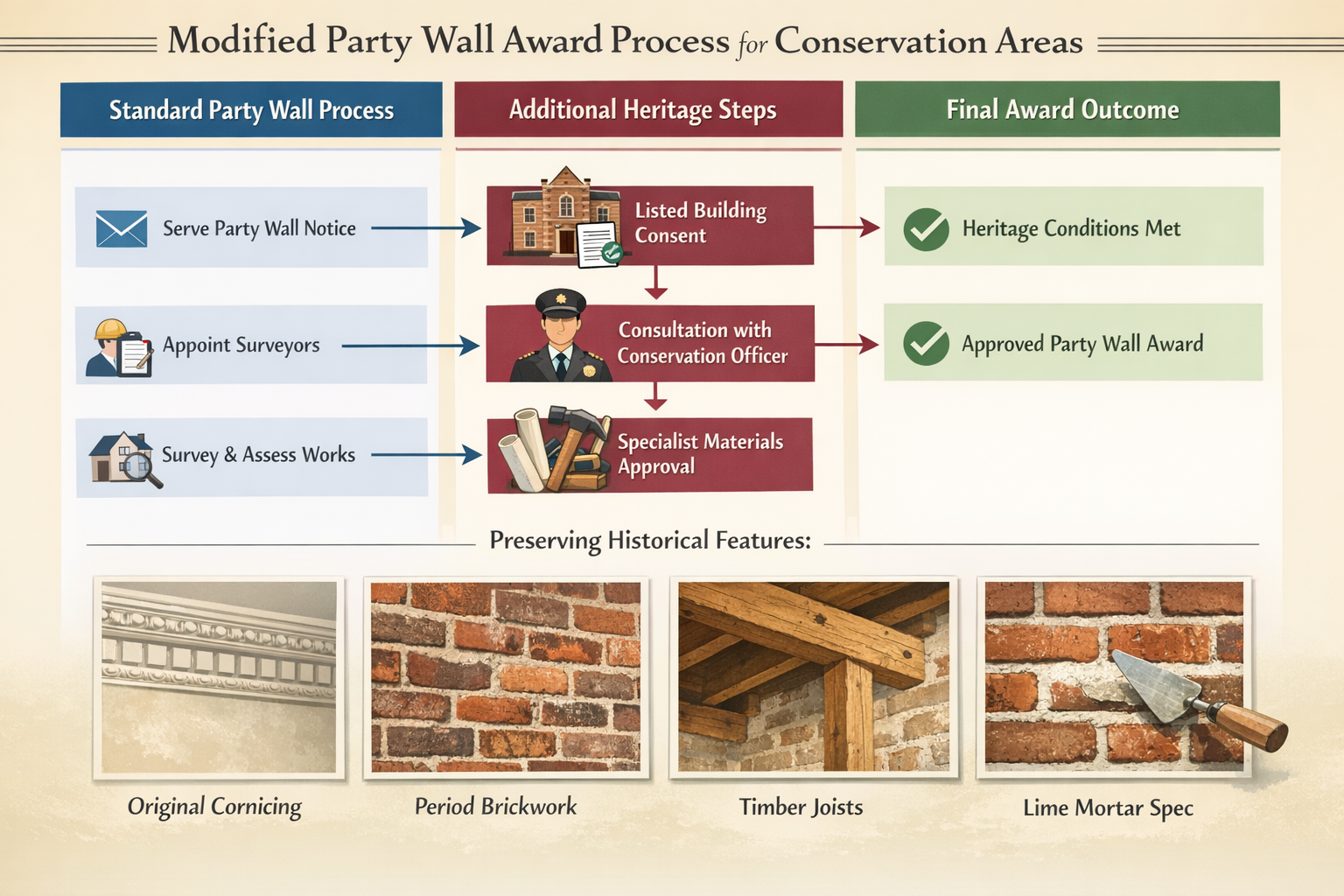 Detailed () comparative infographic showing modified party wall award process for conservation areas. Visual flow chart with