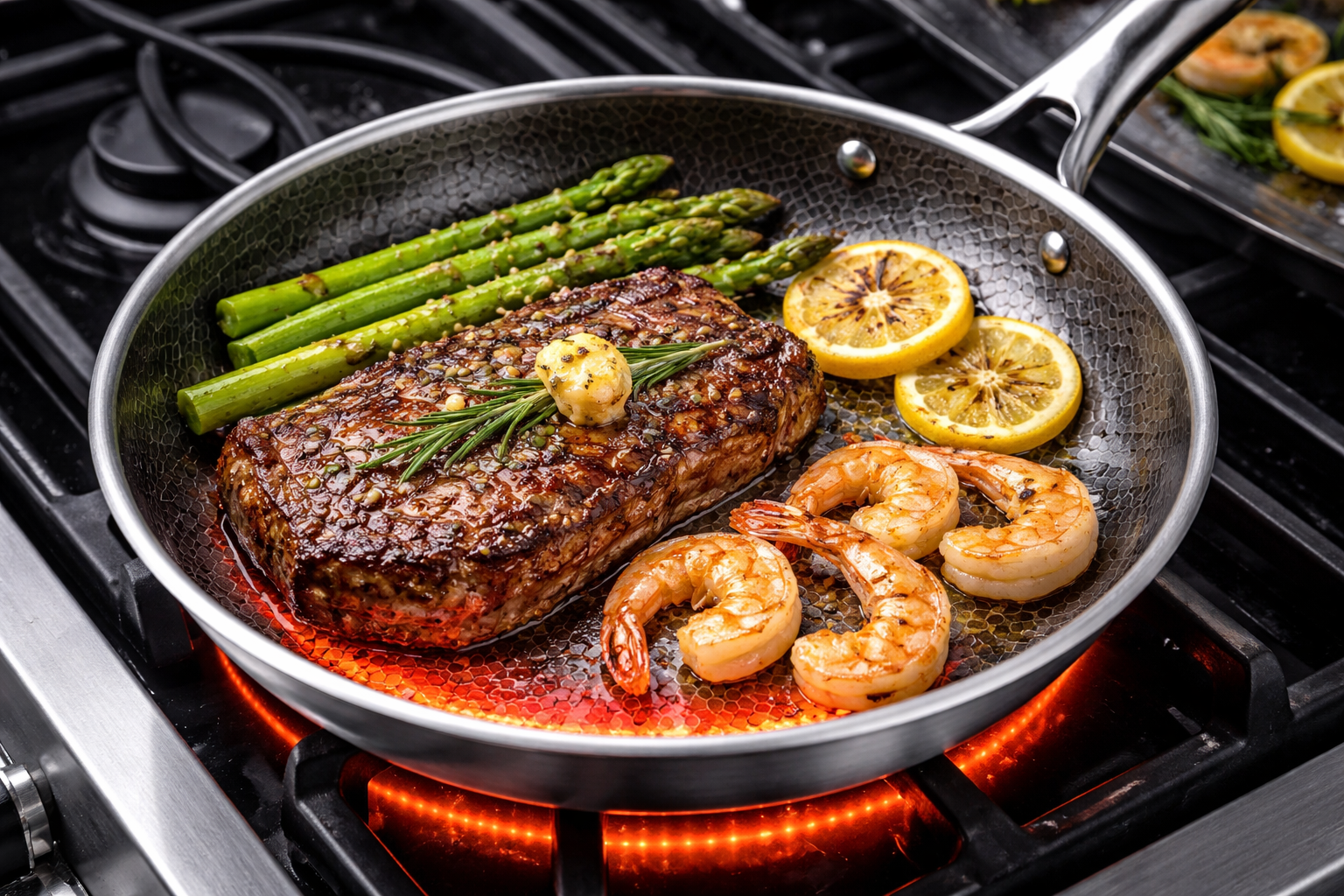 HexClad pan on stovetop with food cooking showing heat distribution and searing capability