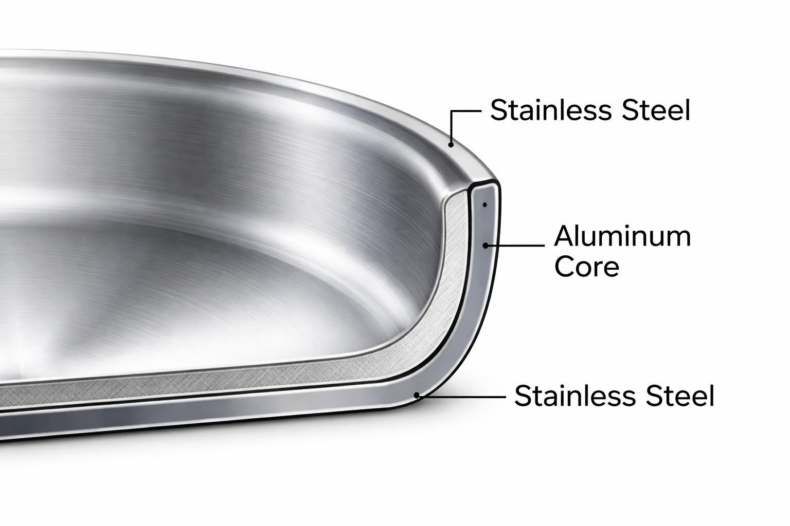 cross-section view of tri-ply construction showing aluminum core between stainless steel layers