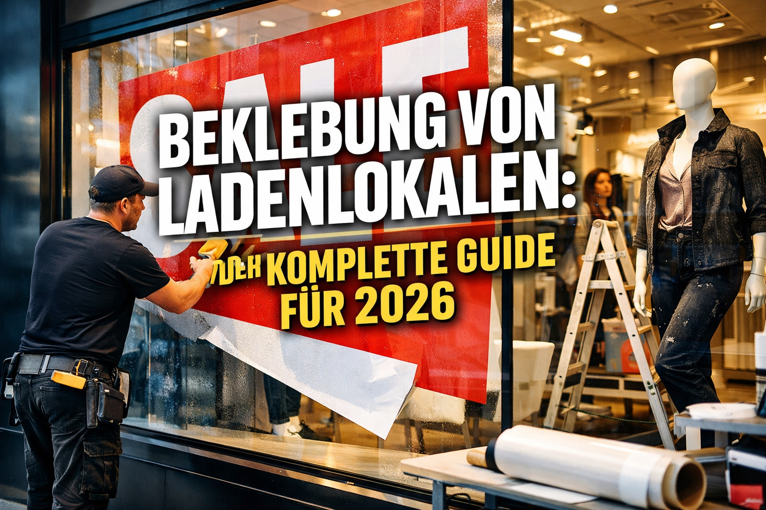 Professional hero image with bold text overlay: "Beklebung von Ladenlokalen: Der komplette Guide für 2026". Modern design, high contrast, ed