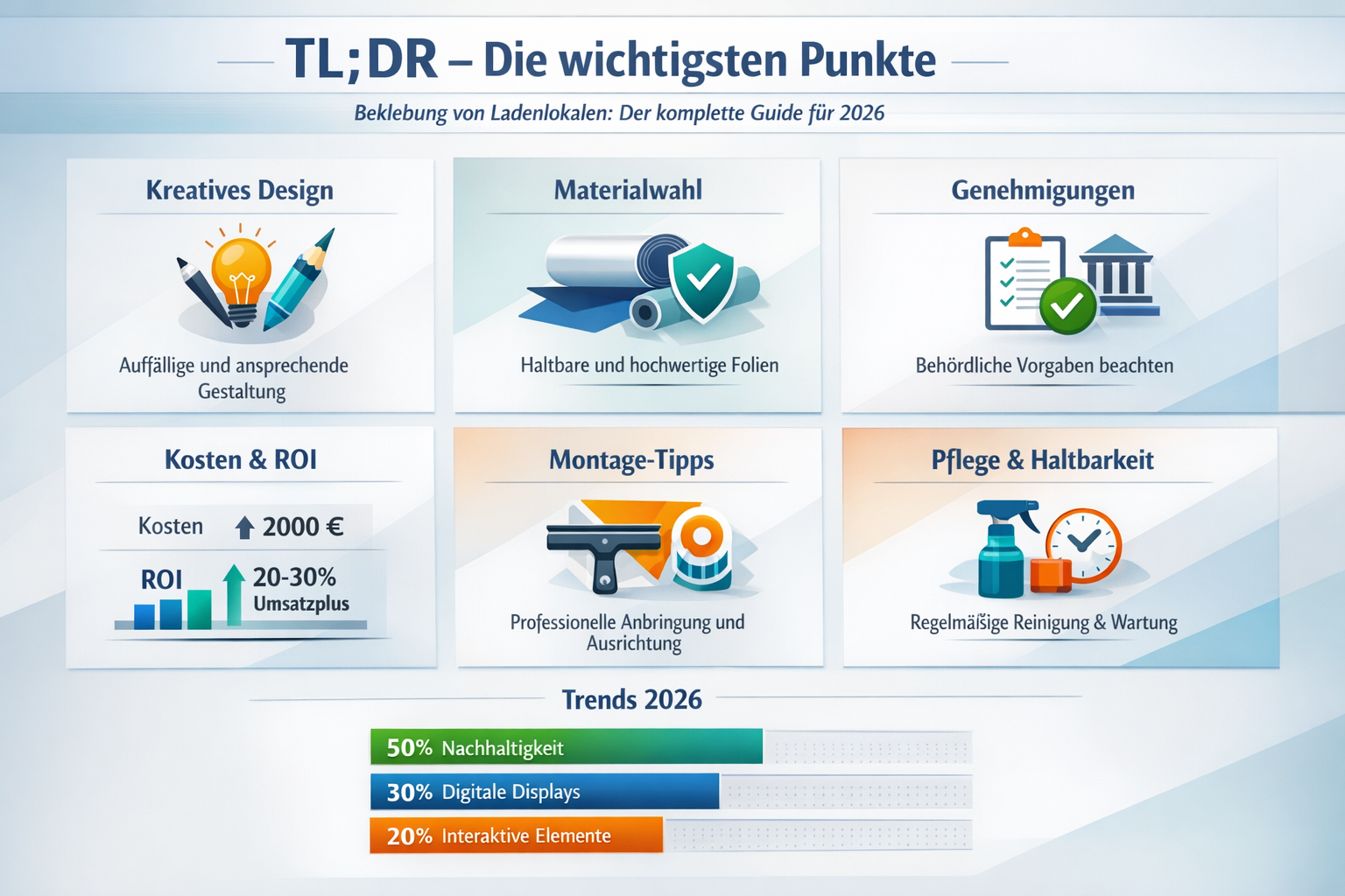 Professional infographic for article "Beklebung von Ladenlokalen: Der komplette Guide für 2026", section: "TL;DR – Die wichtigsten Punkte". 
