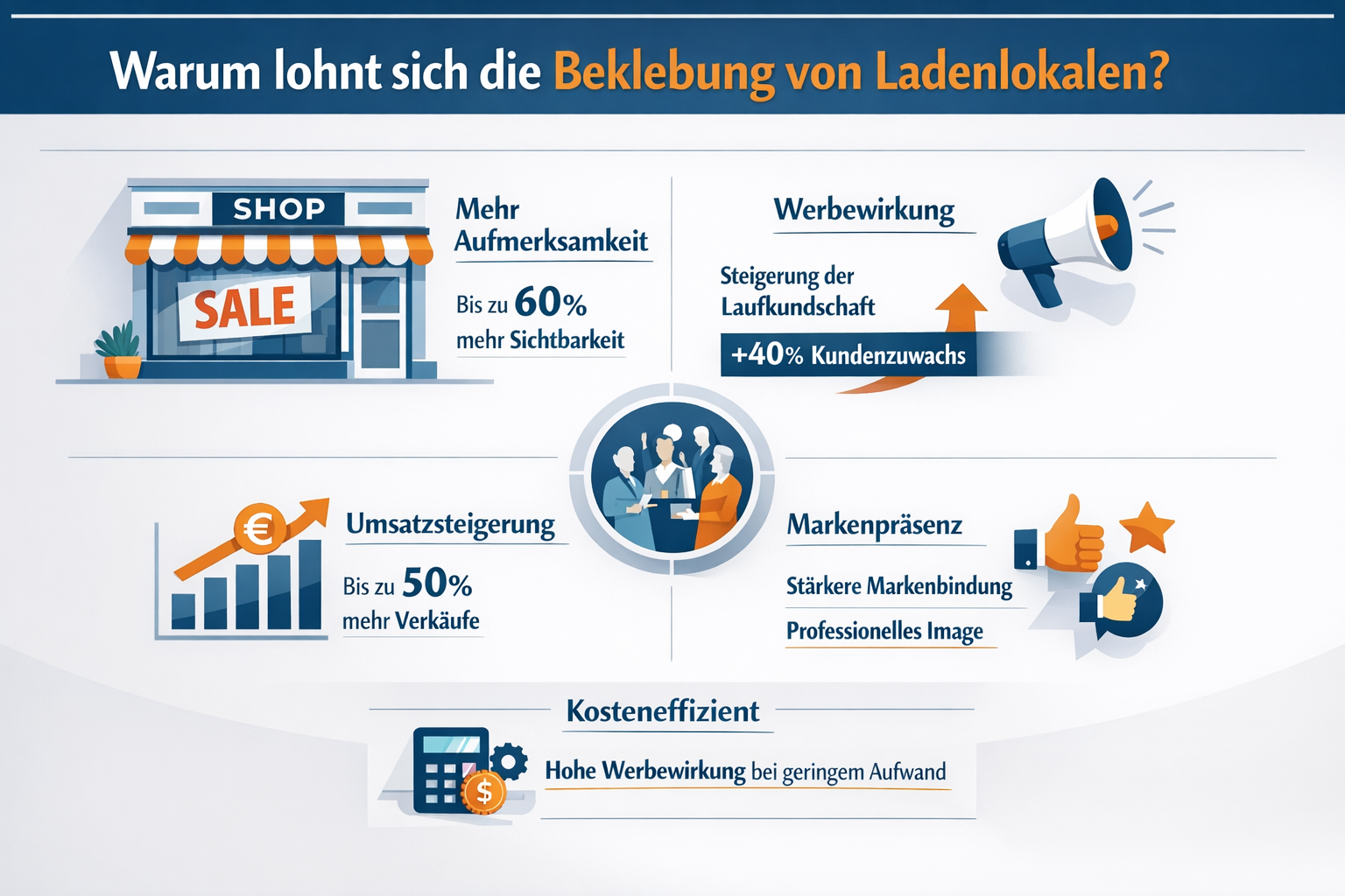 Professional infographic for article "Beklebung von Ladenlokalen: Der komplette Guide für 2026", section: "Warum lohnt sich die Beklebung vo