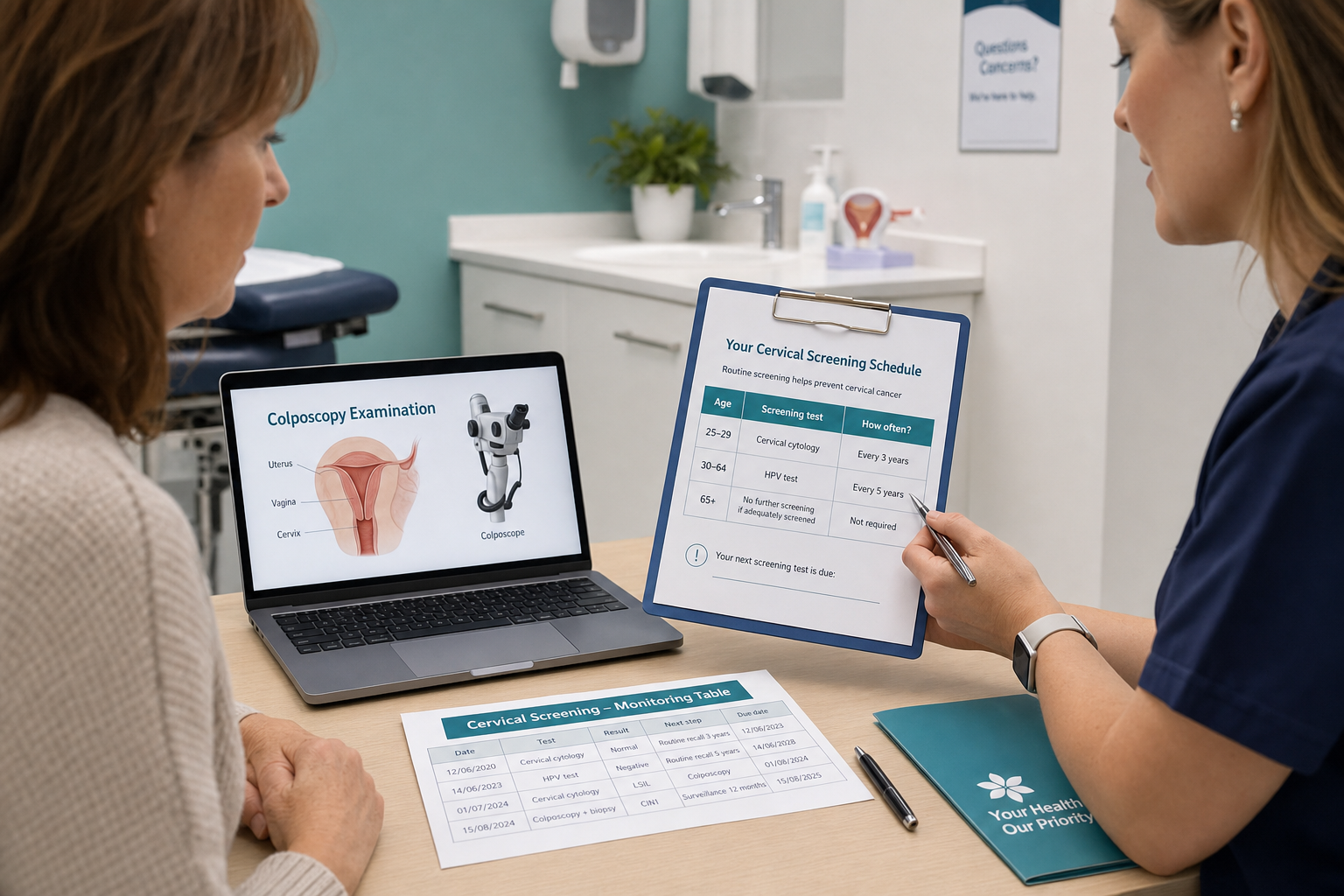 Detailed () clinical consultation scene photographed from a wide angle: a female patient in her mid-50s sitting across a