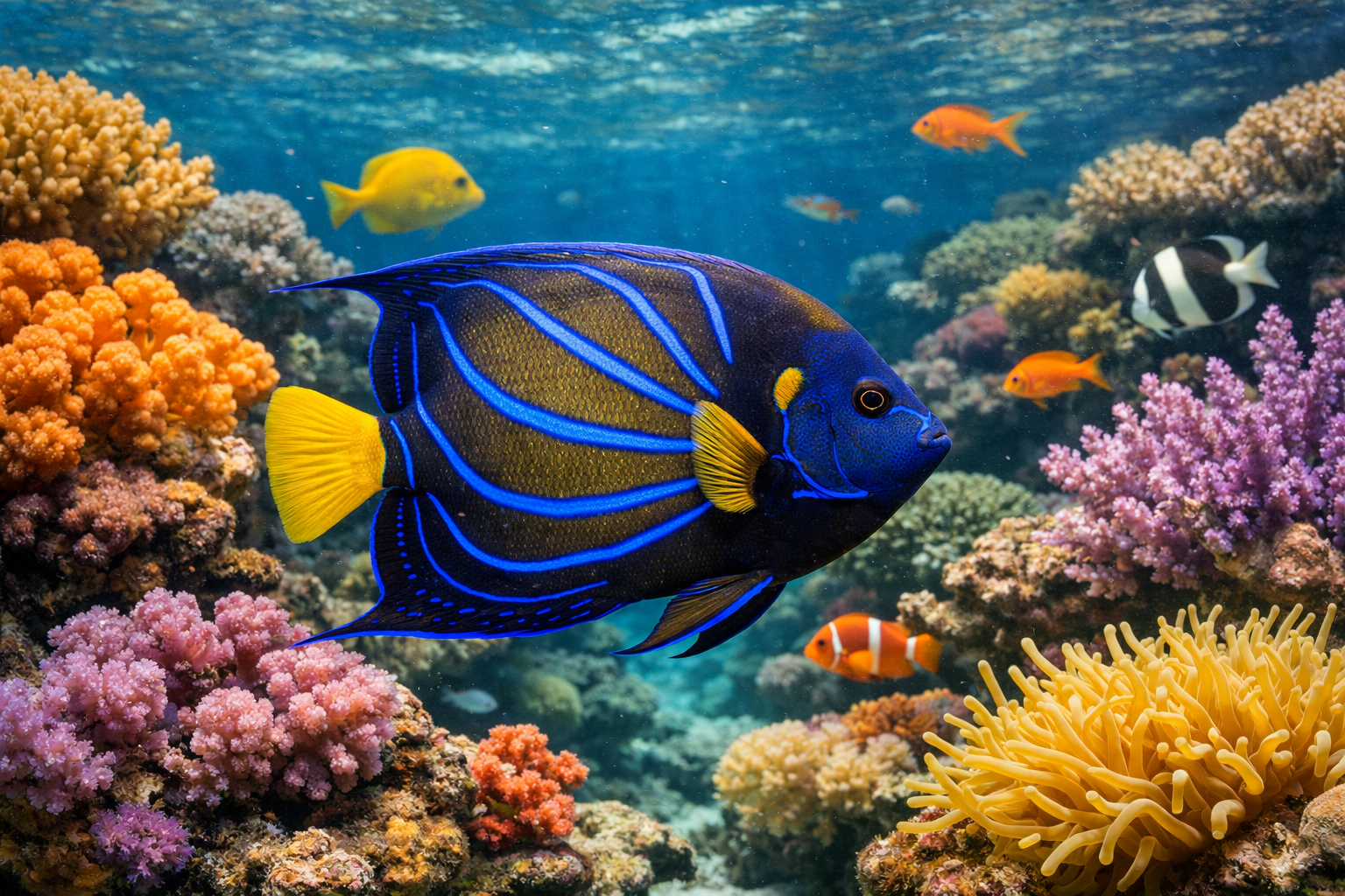 Detailed landscape format (1536x1024) underwater scene showing adult annularis angelfish in natural habitat with distinctive blue ring marki