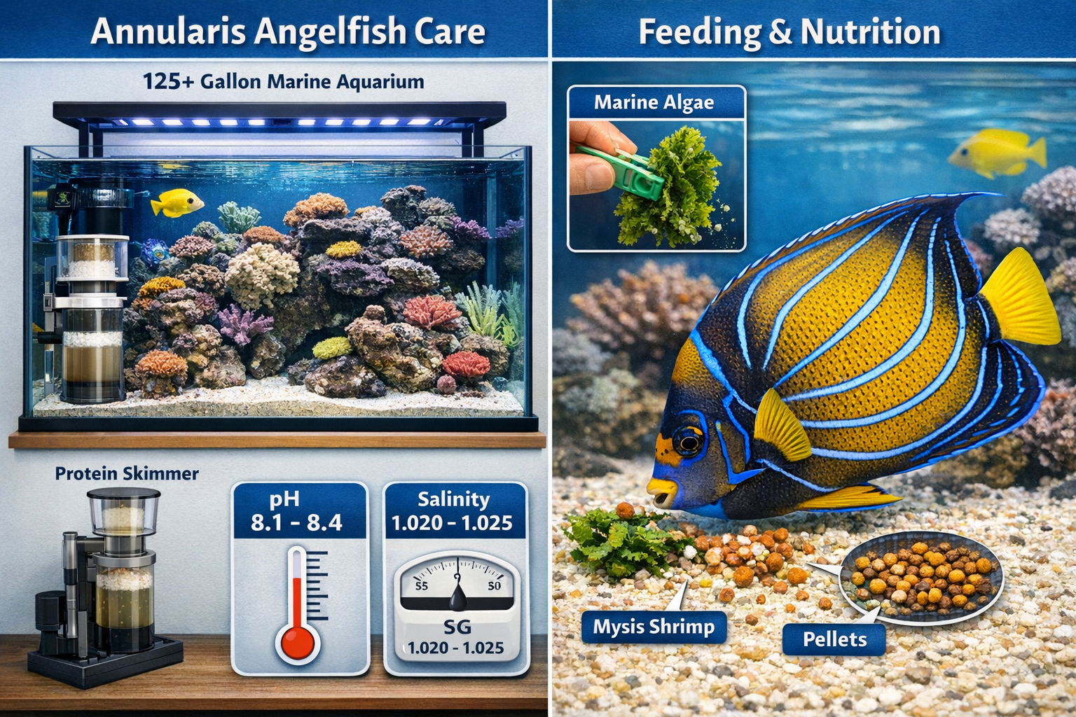 Comprehensive landscape format (1536x1024) aquarium setup guide showing proper annularis angelfish care environment. Split-screen compositio