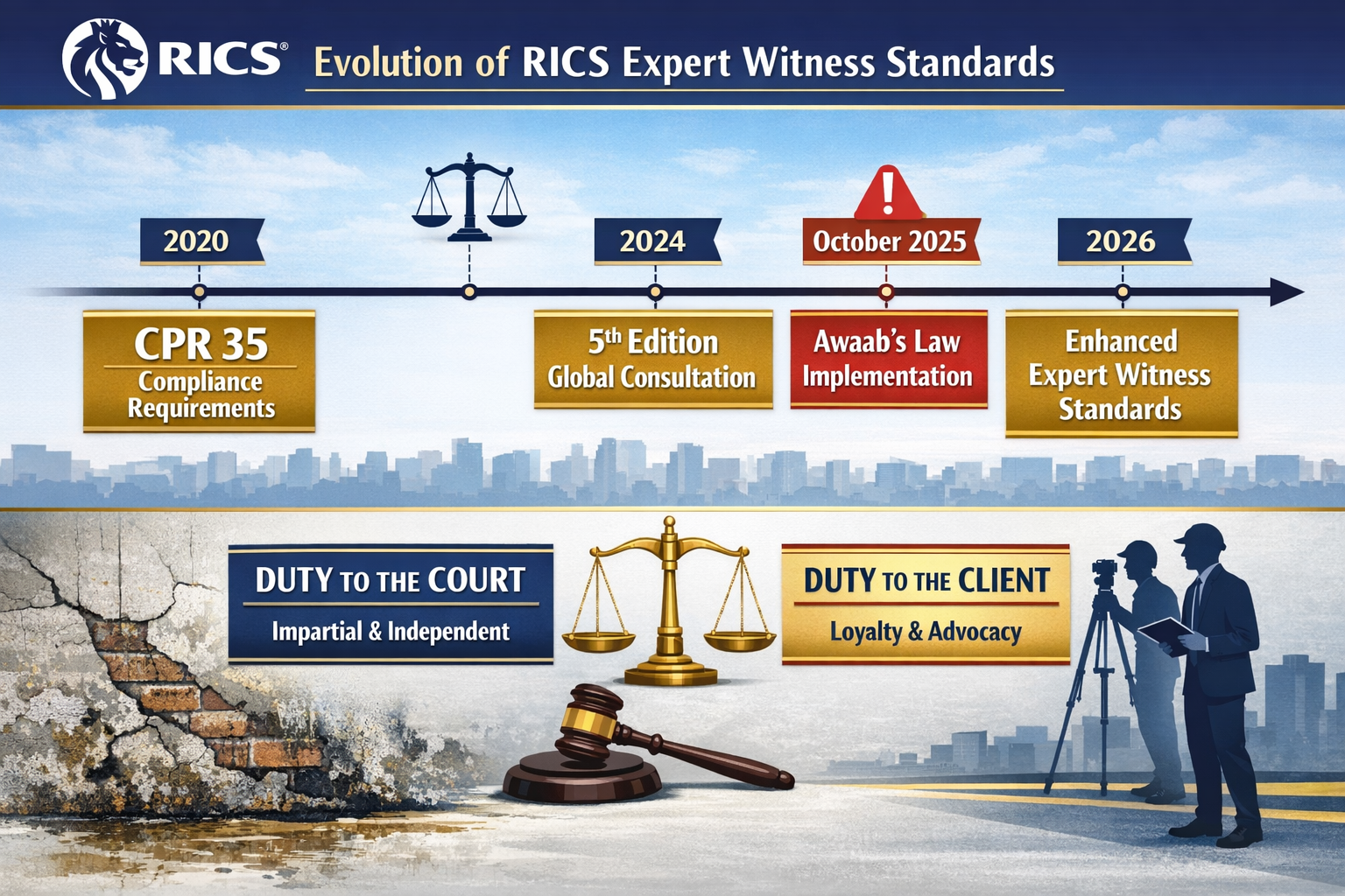 Landscape format (1536x1024) detailed infographic showing the evolution of RICS expert witness standards from 2020 to 2026, featuring timeli