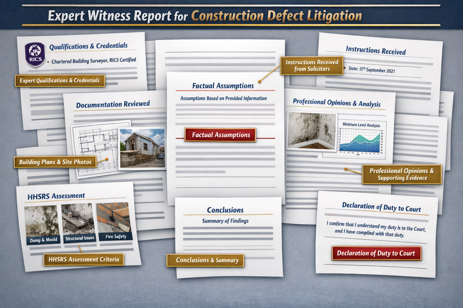 Landscape format (1536x1024) comprehensive visual breakdown of expert witness report components for construction defect litigation, displaye