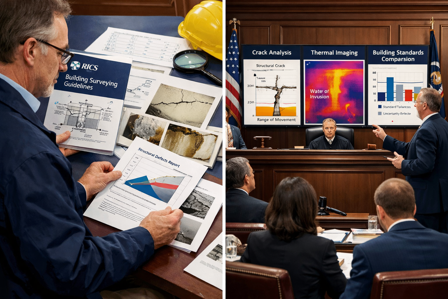 Landscape format (1536x1024) courtroom preparation scene showing building surveyor expert witness presenting construction defect evidence, w