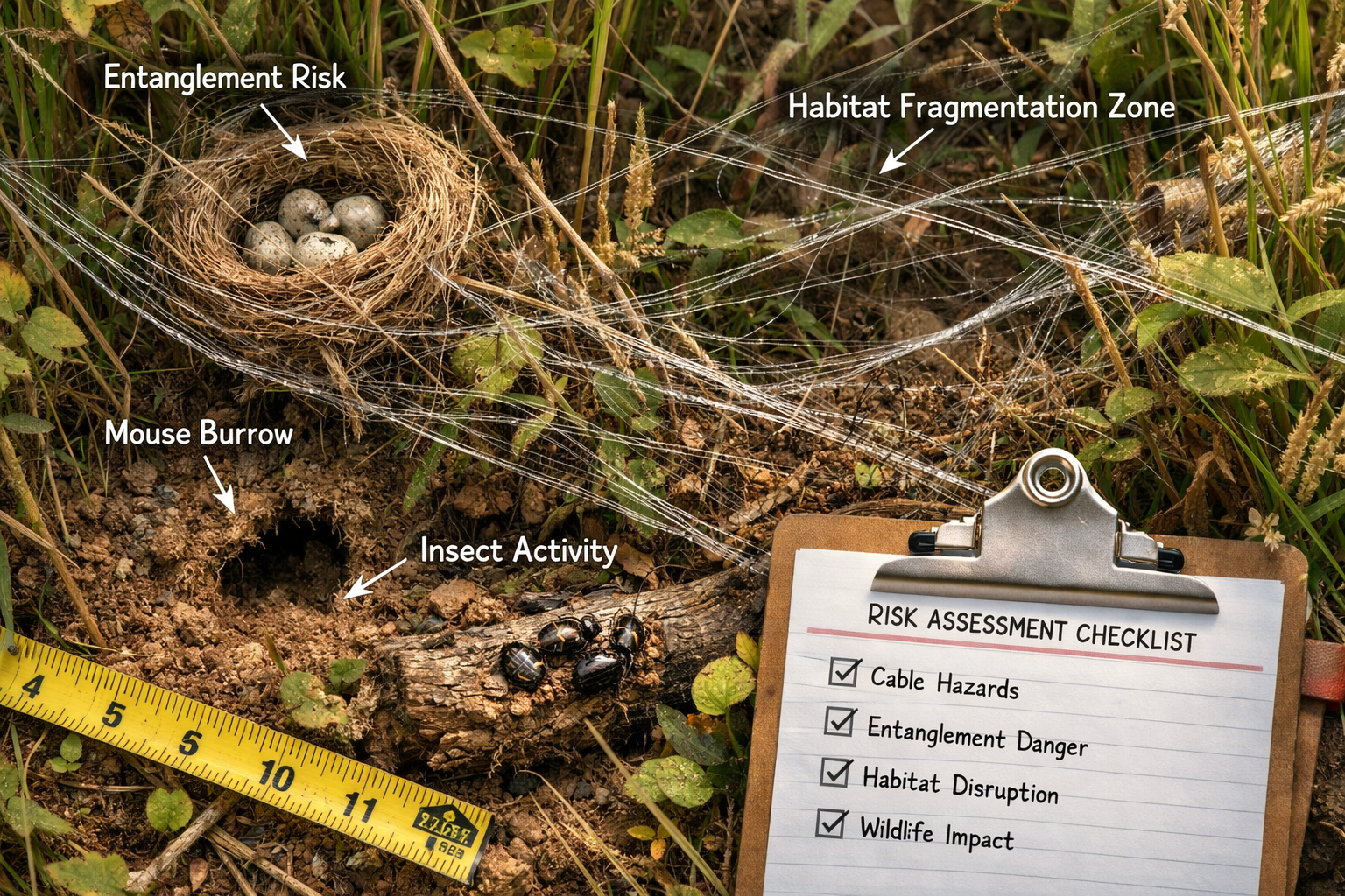 () detailed close-up photograph showing thin translucent fibre optic drone cables tangled in dense vegetation and grass