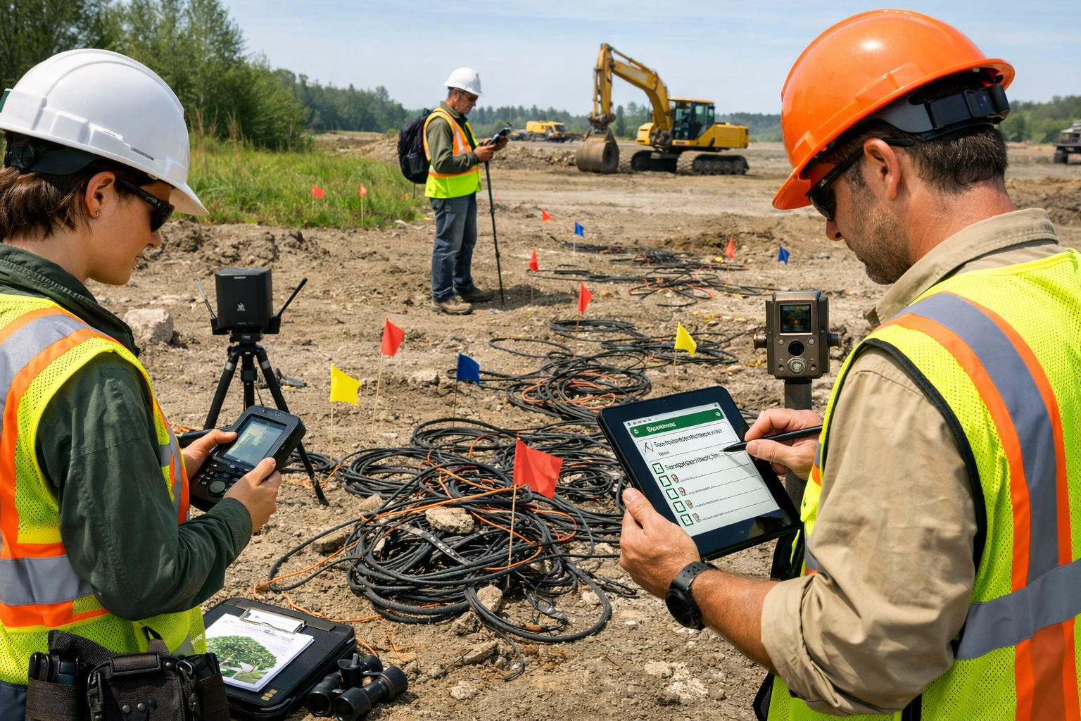 () professional field inspection scene showing ecology surveyor team conducting cable survey at infrastructure development