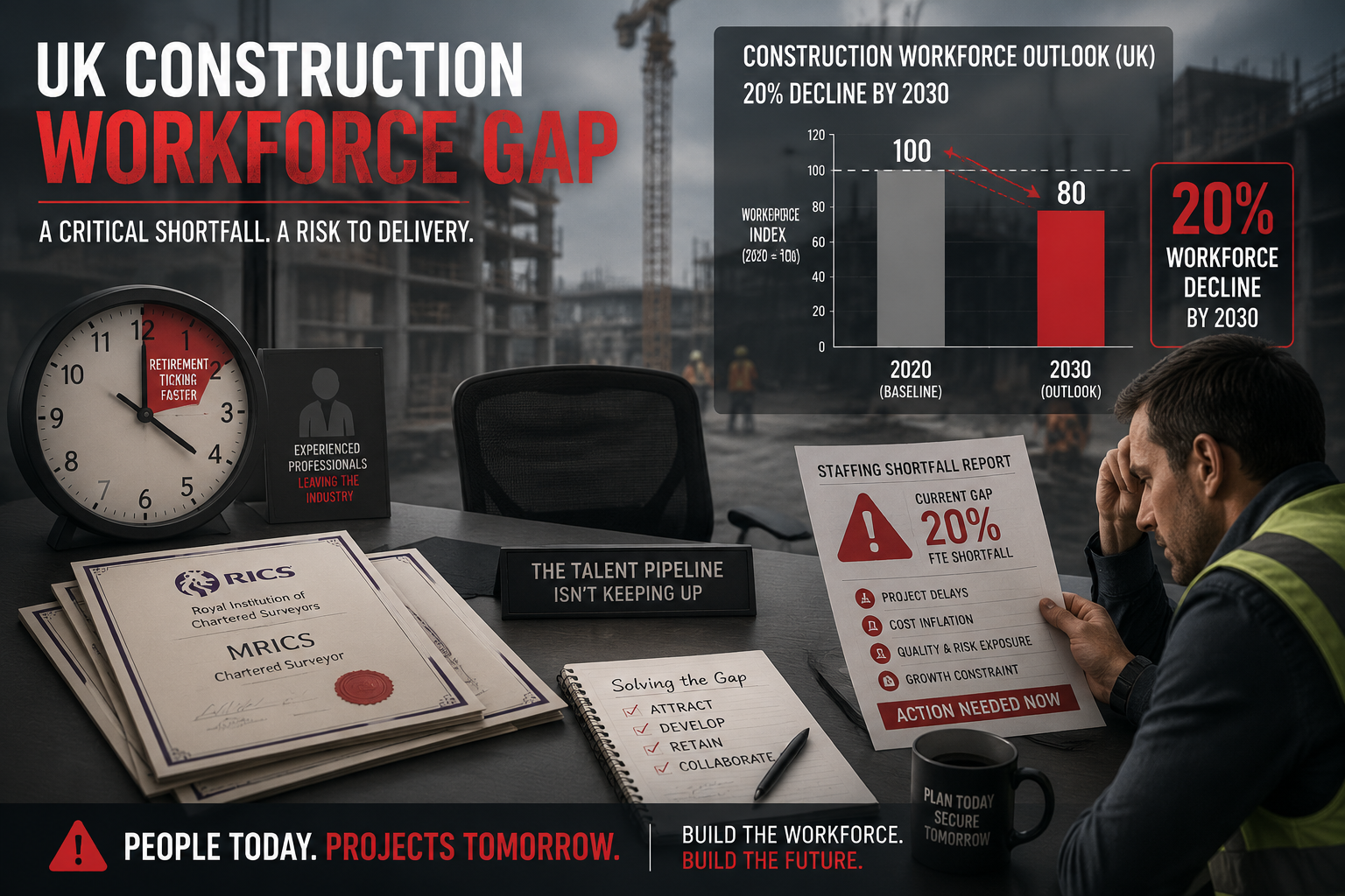 Wide-angle editorial illustration showing a UK construction workforce gap visualized as an empty desk with RICS
