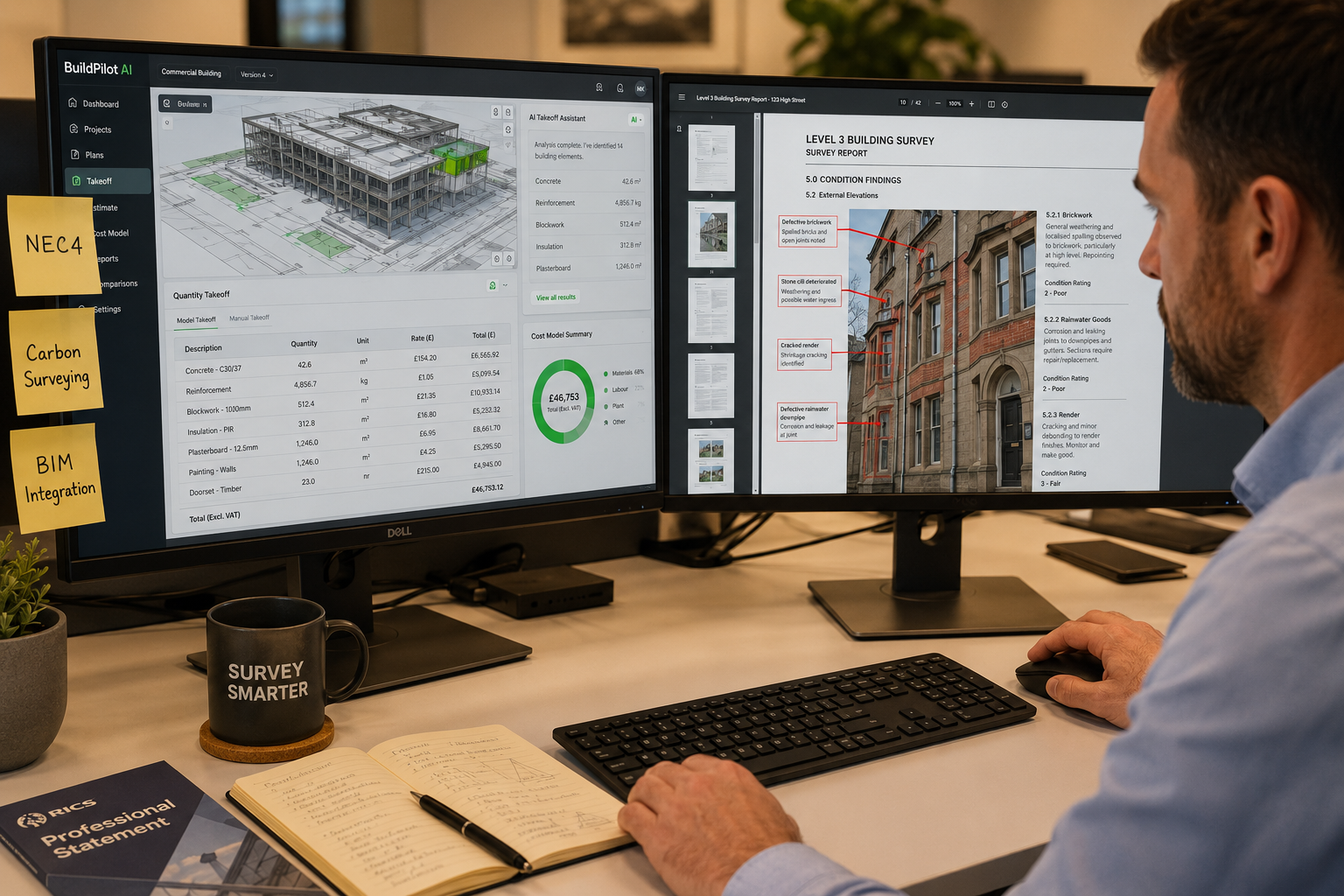 Close-up editorial photograph of a chartered surveyor at a modern desk using dual monitors — one displaying AI-powered
