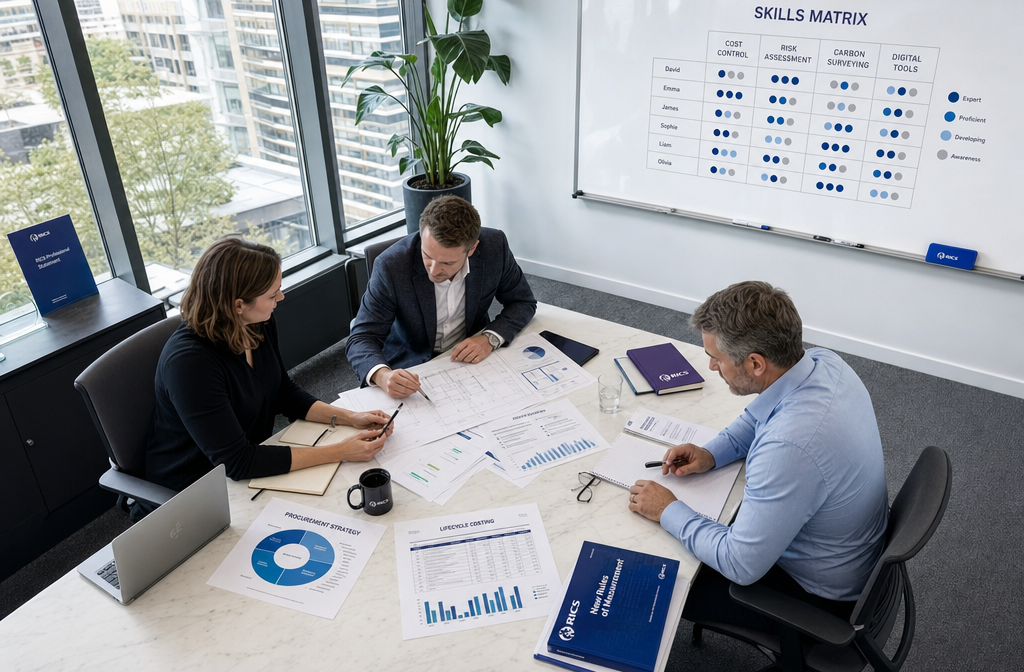 Bird's-eye view of a collaborative meeting table where three chartered surveyors review building survey documents,