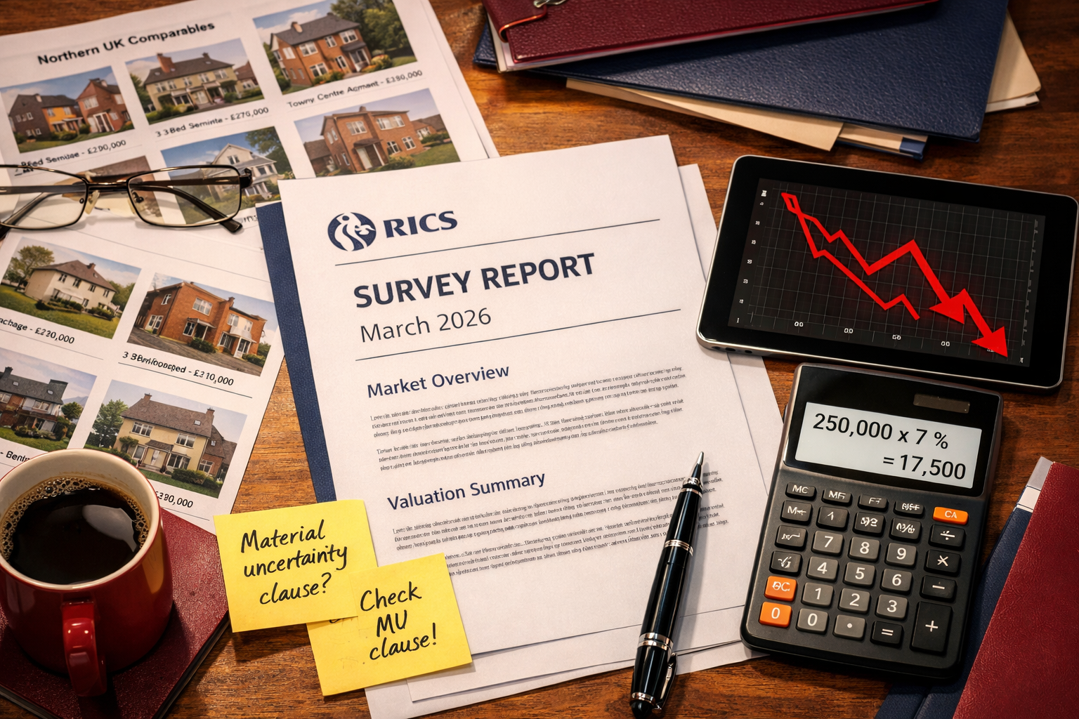 Detailed () image showing professional valuer's desk workspace from overhead angle with RICS March 2026 survey report