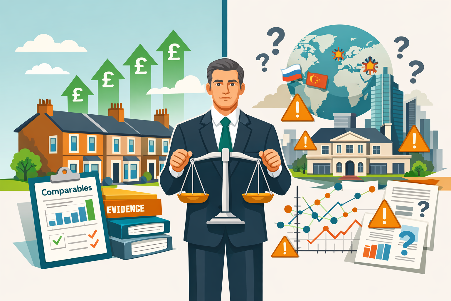 () conceptual split-screen illustration showing contrasting valuation scenarios: left panel depicts stable Northern UK