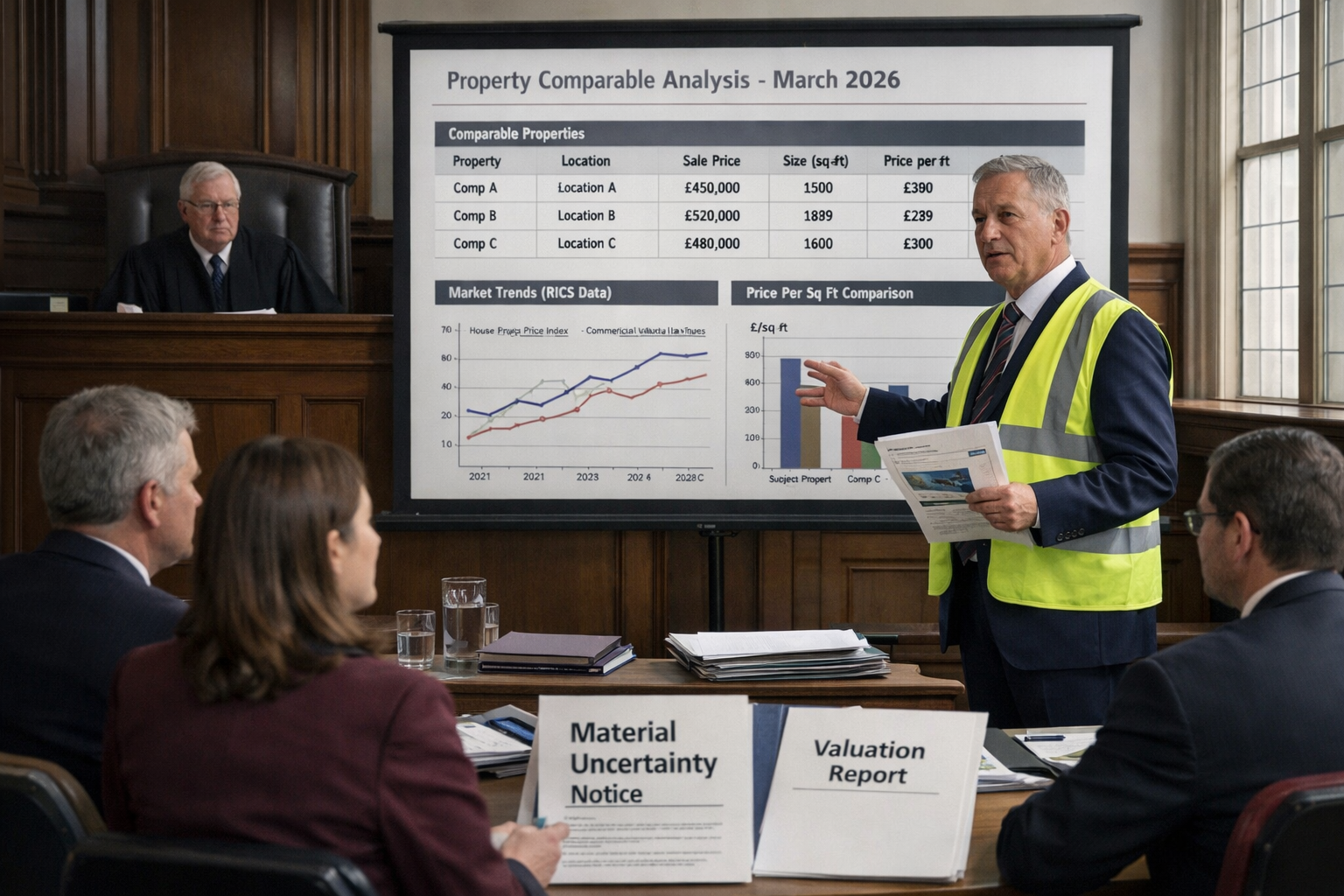 () professional courtroom litigation scene showing expert witness surveyor presenting detailed valuation report to judge and