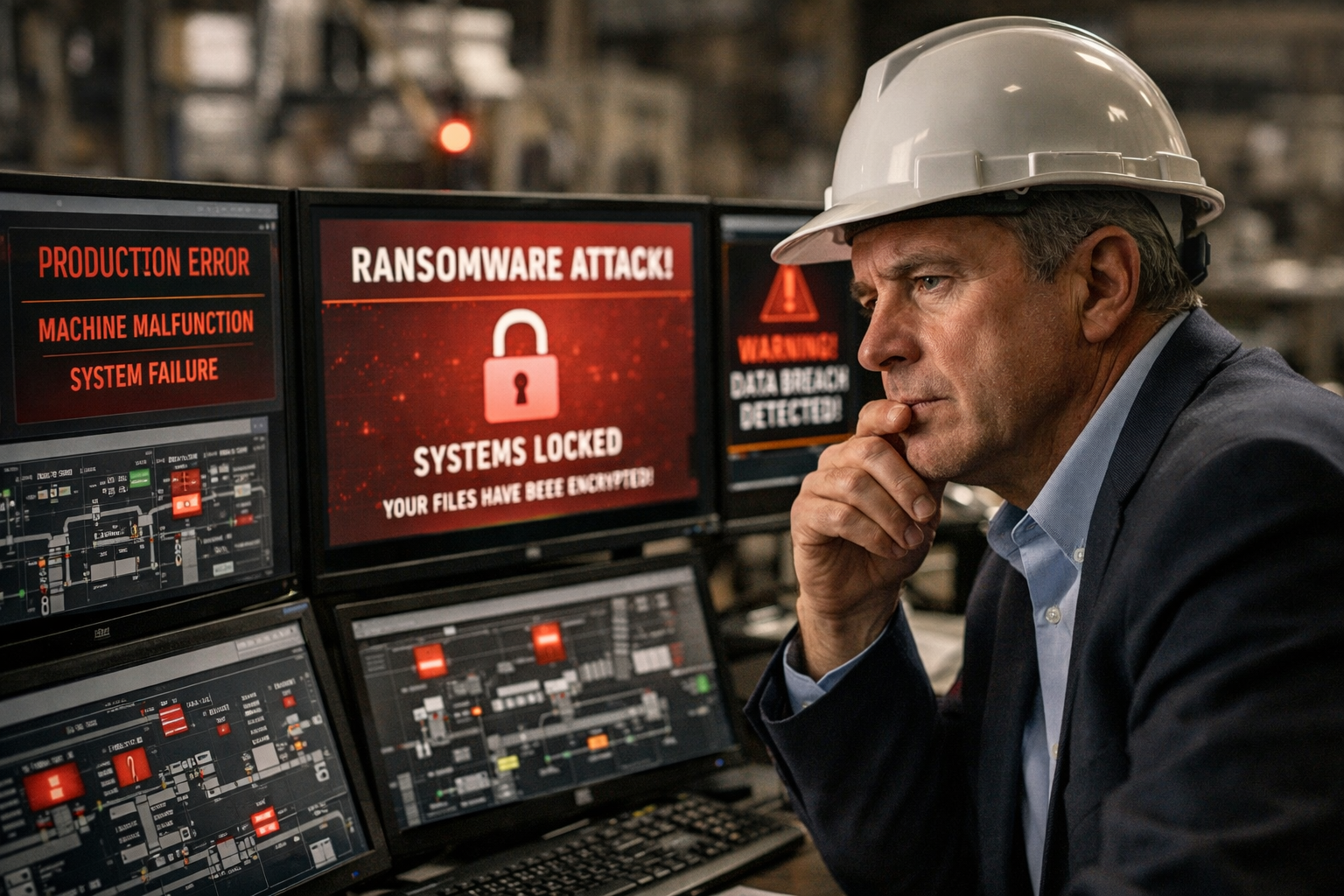 () image showing a manufacturing executive in a hard hat looking concerned at multiple computer screens displaying