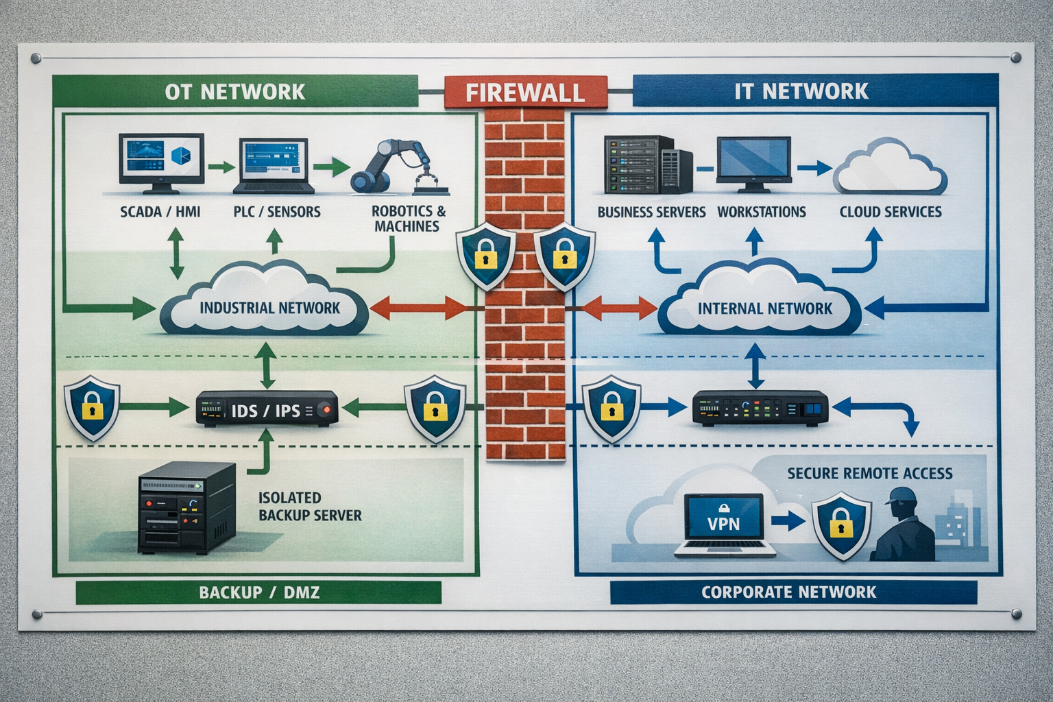 Detailed () visualization of a factory network diagram showing segmented OT and IT networks with firewall barriers, isolated