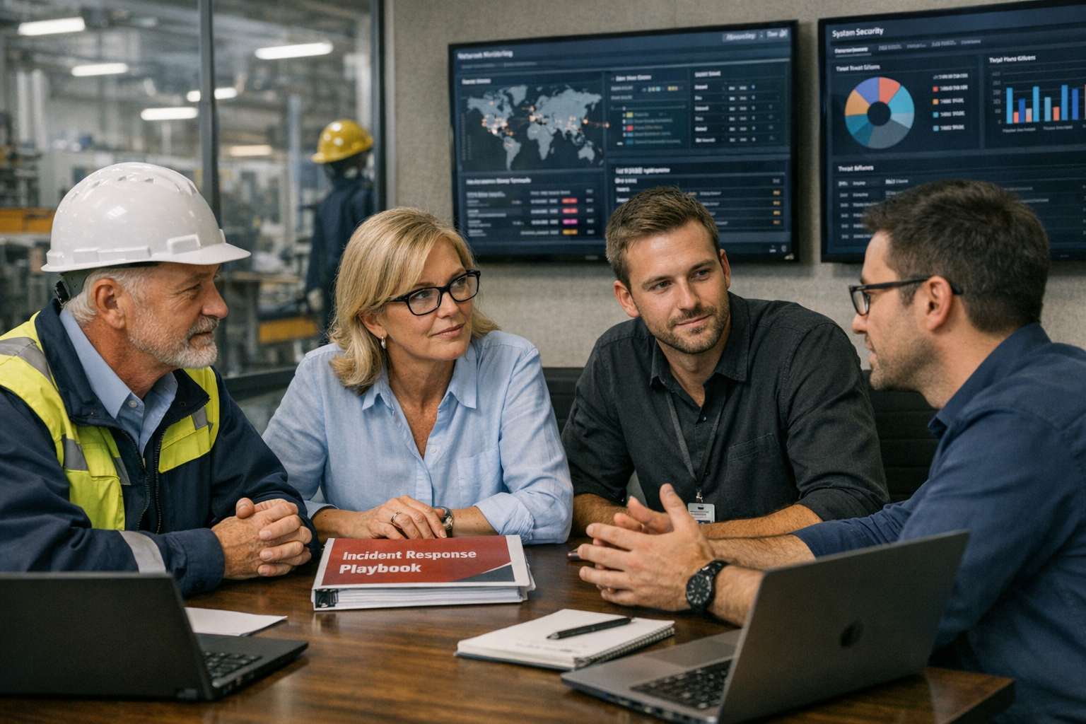 () image of manufacturing plant managers and IT security professionals collaborating around a conference table with laptops,