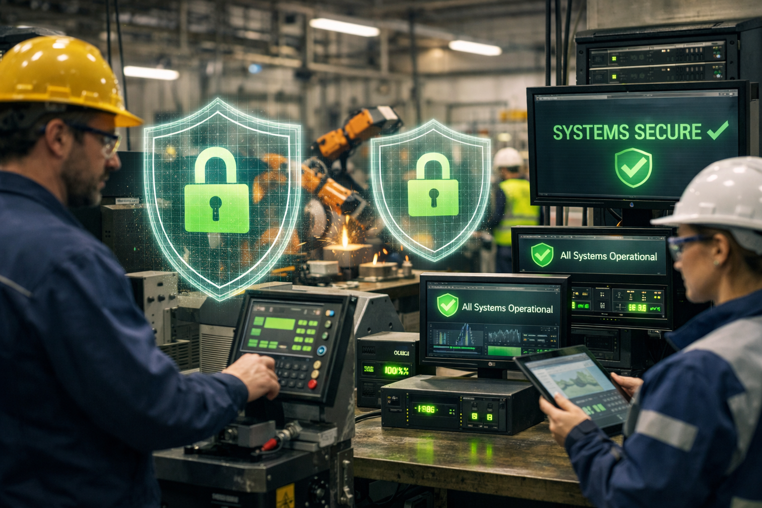 Professional () image showing a resilient manufacturing facility with workers operating normally while digital security
