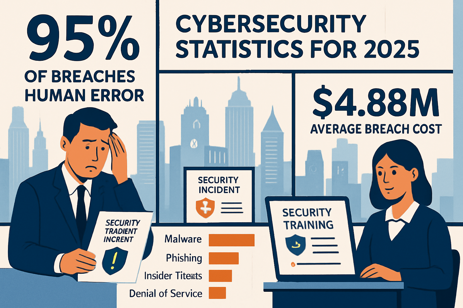 Detailed infographic showing cybersecurity statistics for 2025, featuring large percentage callouts (95% of breaches human error, $4.88M ave