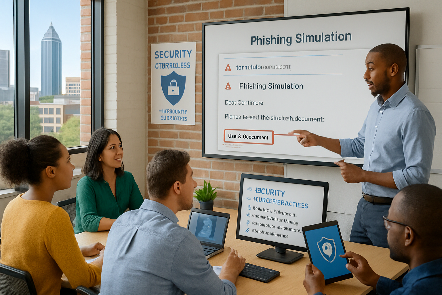 Interactive security awareness training scene in modern Atlanta office, diverse group of employees gathered around computer screens particip