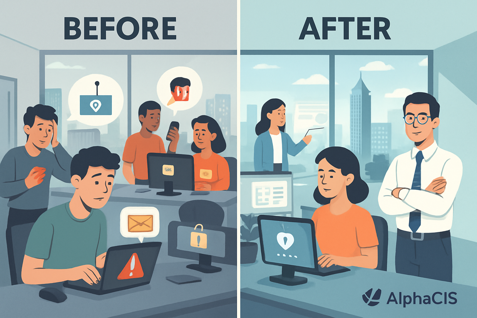 Split-screen comparison visual showing 'Before vs After' security culture transformation. Left side: chaotic office scene with employees cli