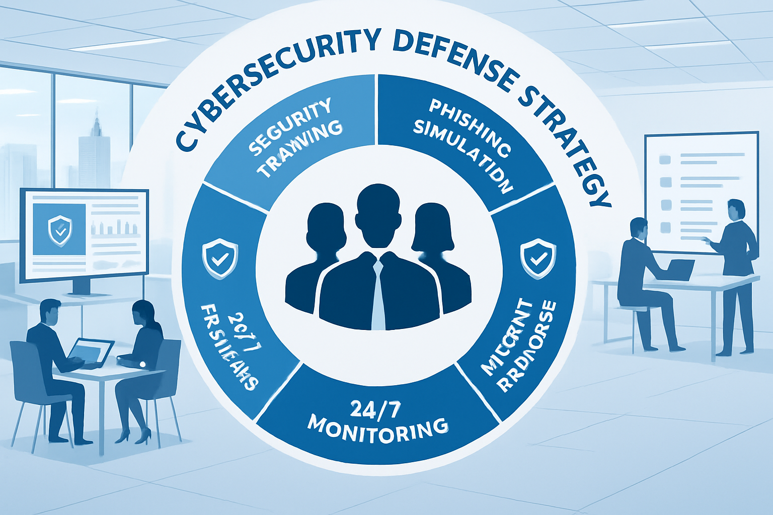 Comprehensive cybersecurity defense strategy diagram showing layered security approach with employees at center. Circular infographic with e